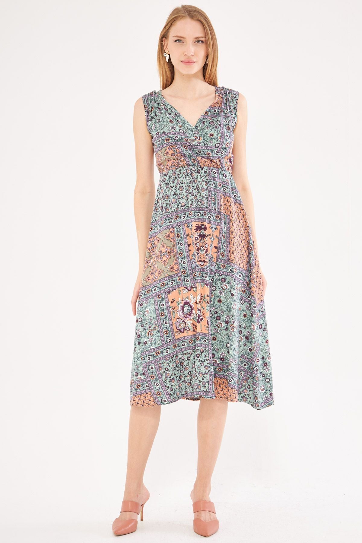 Female Salmon Patterned Waist and Shoulder Cruve Cruve Midi Boy Dress ARM-24Y001052