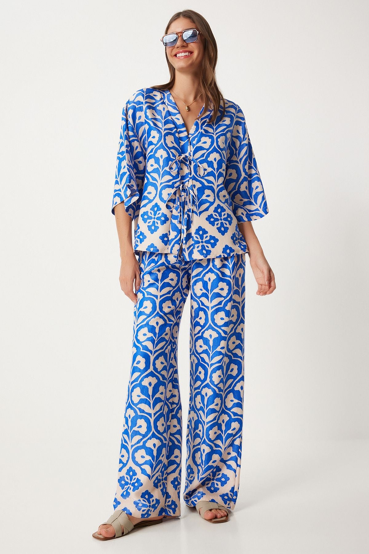 Female Blue Cream Patterned Viscose Blouse Palazzo Set FN03278