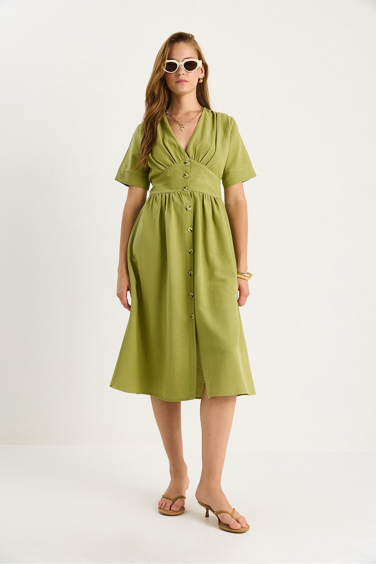 Women's V-Neck Waist Detailed Buttoned Short Sleeve Viscose Linen Dress 5260 60281100