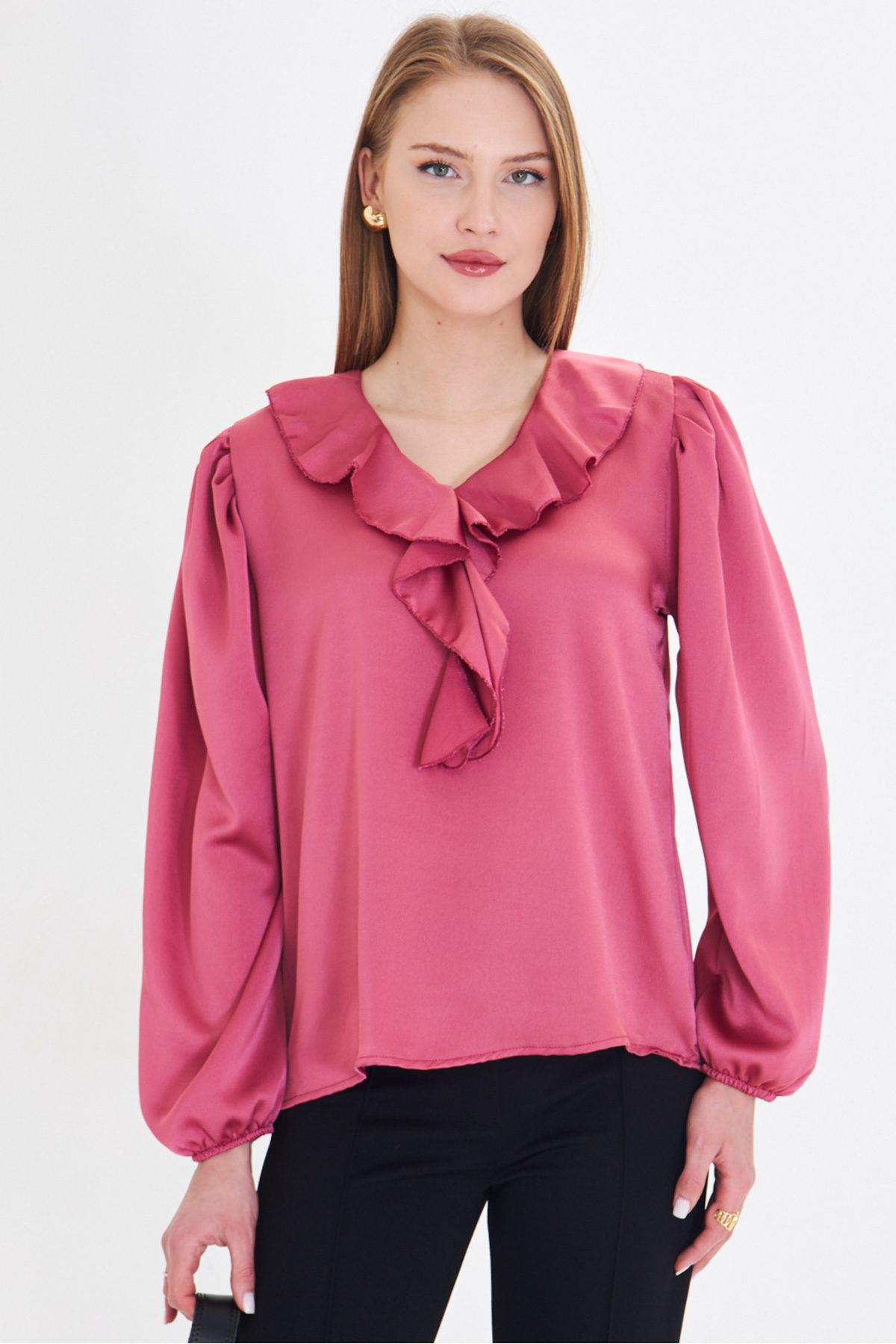Woman Dark Pink collar frilled shoulder shirred arm tire cotton satin blouse ARM-22K001059