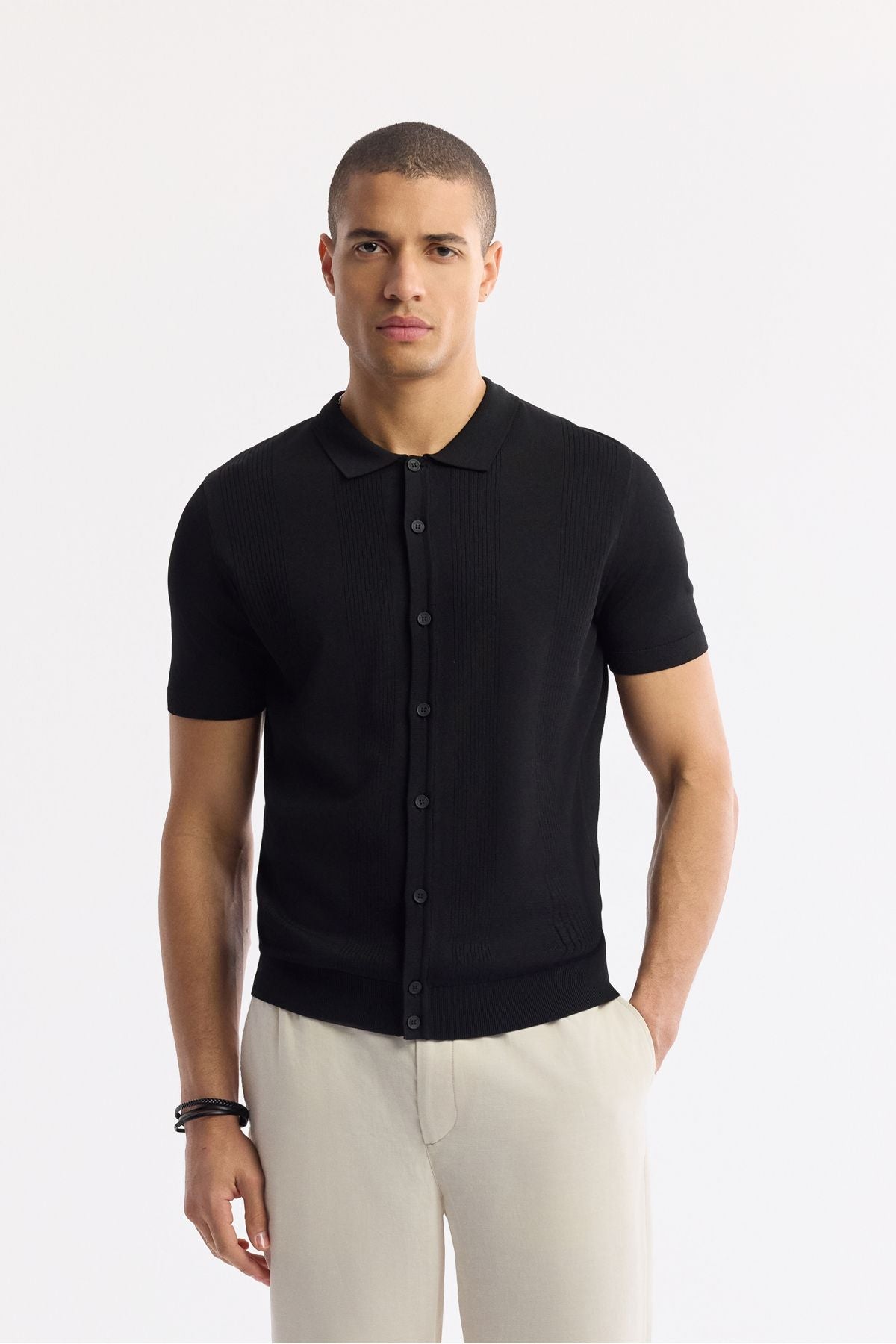 Men's black polo collar front buttoned wick knit patterned rayon knitwear T-shirt A51y5001
