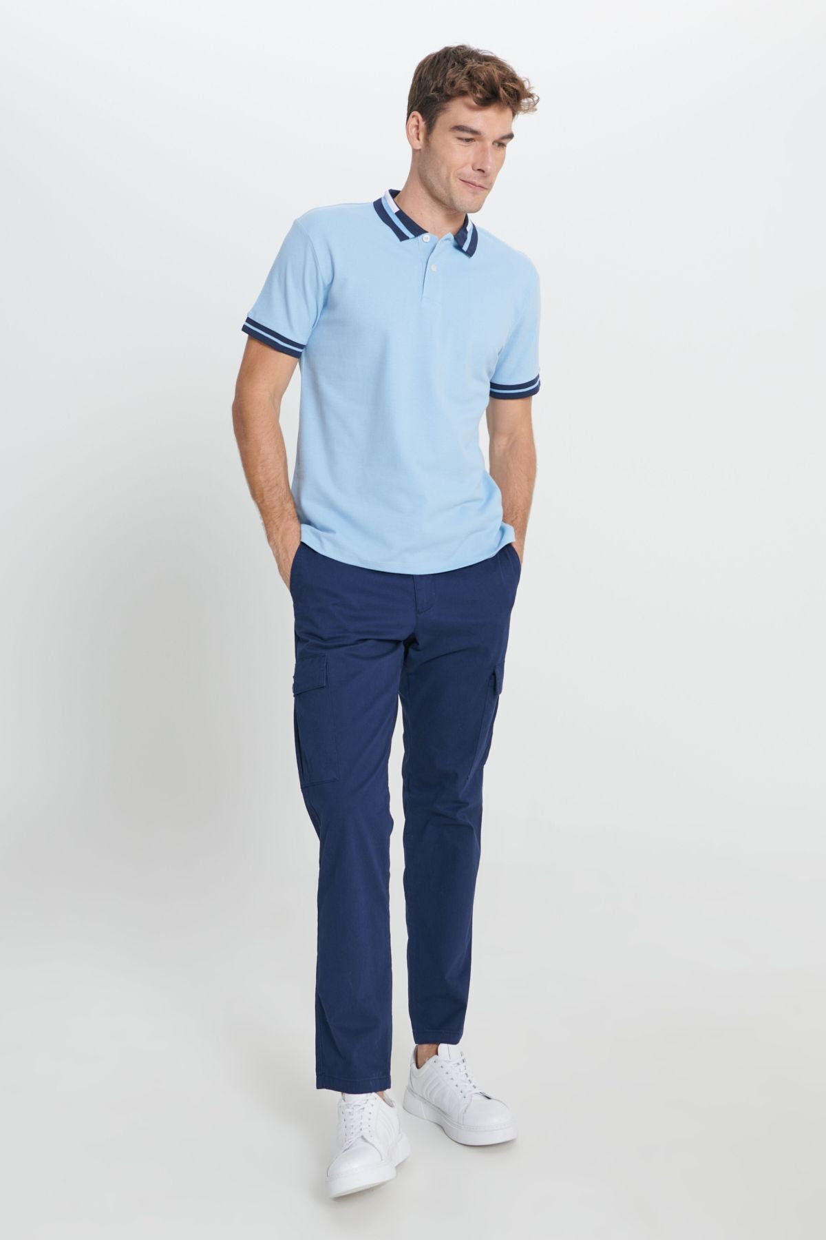 Men's light blue slim fit narrow cut 100 %cotton curved polo collar t -shirt