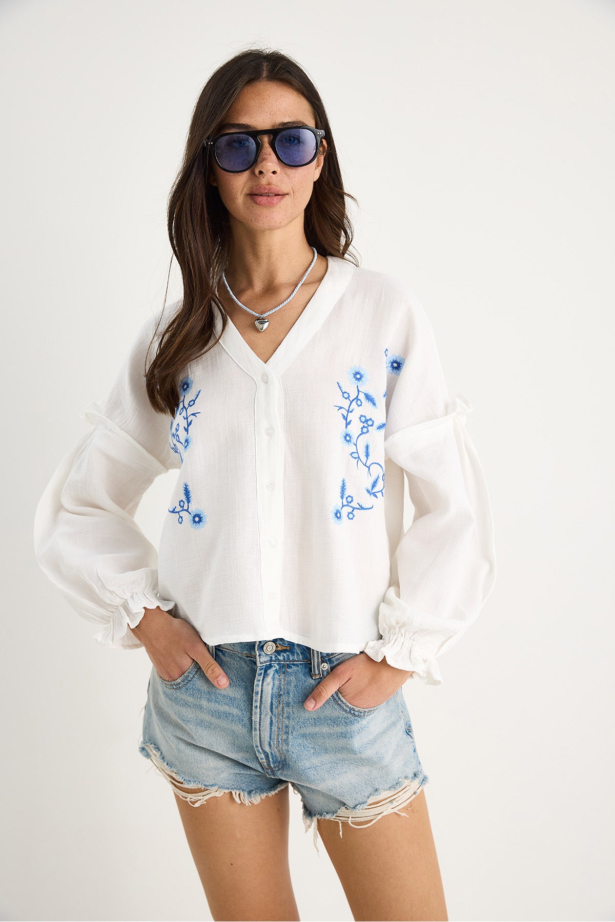 Women's V-Neck Embroidered Sleeves Elastic Summer Muslin Shirt G28-4889 60283343