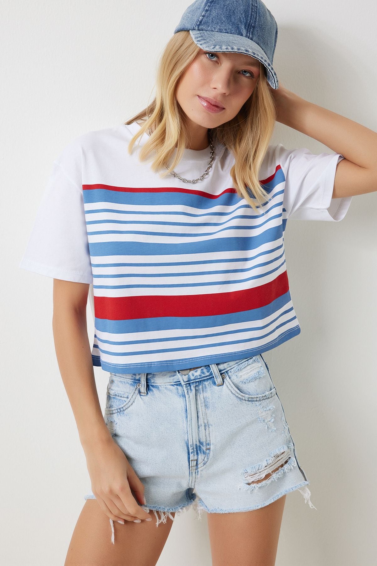 Woman White Blue Bicycle Collar Striped Knitting T-Shirt NJ00151