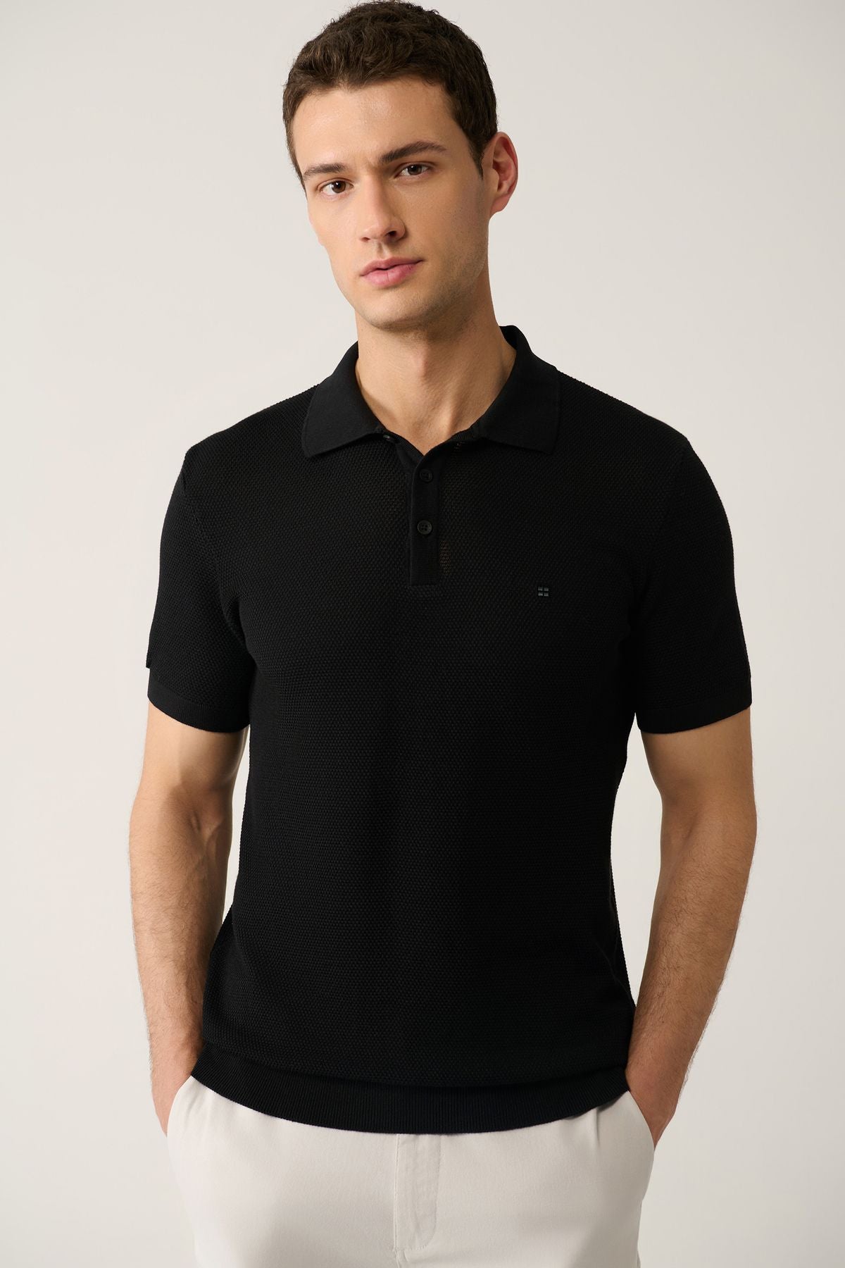 Men's black 3 button textured riban Polo Yaka Triko T-Shirt B005009