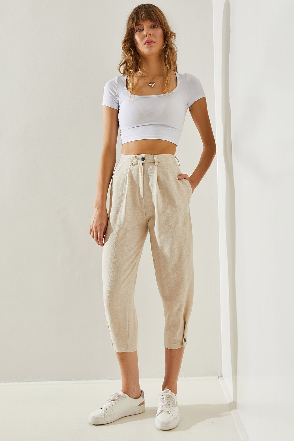 Women's Button Detailed Linen Textured Trousers 60251262