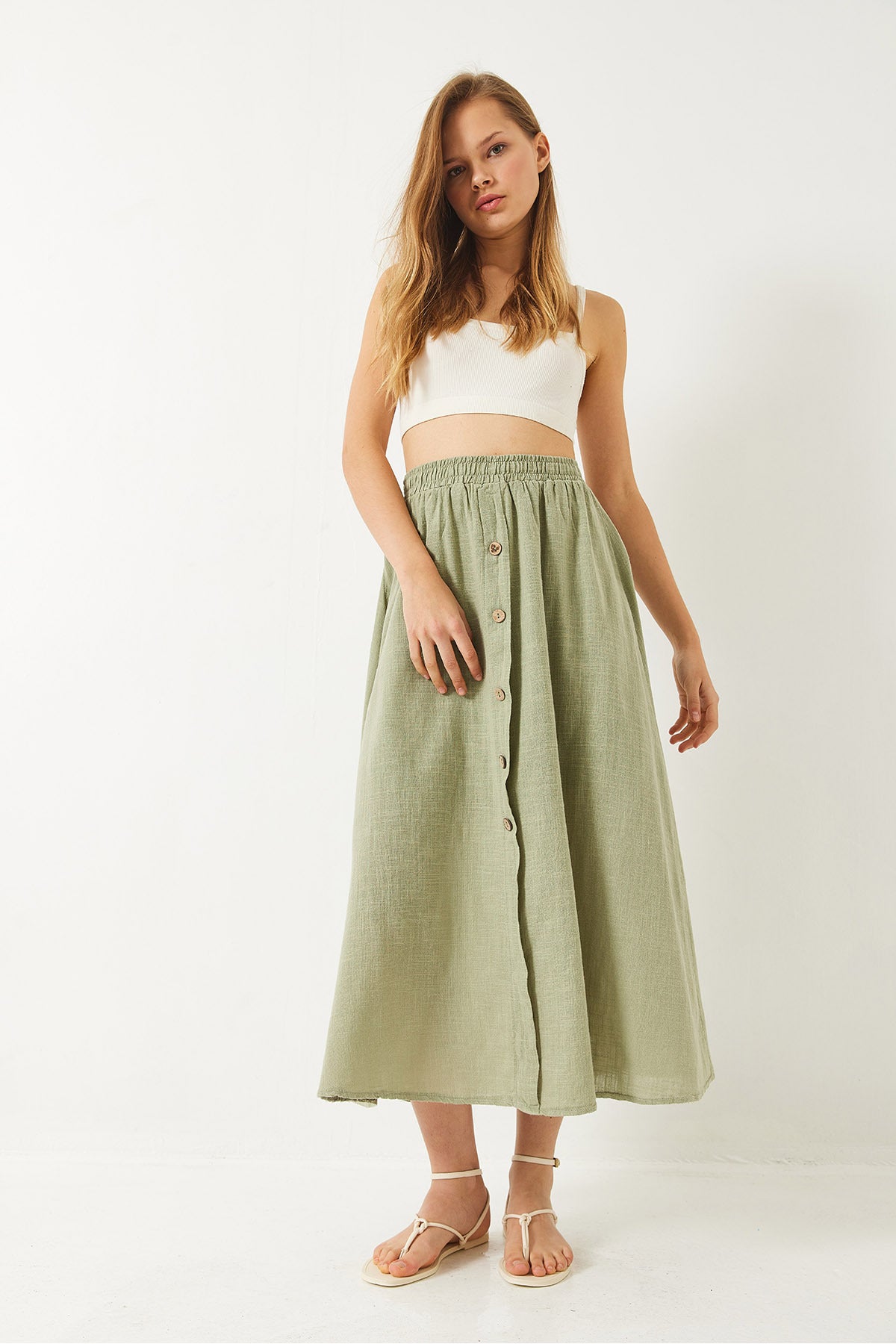 Women's Button Detailed, Elastic Waist, Short Lined Linen Skirt 60261391