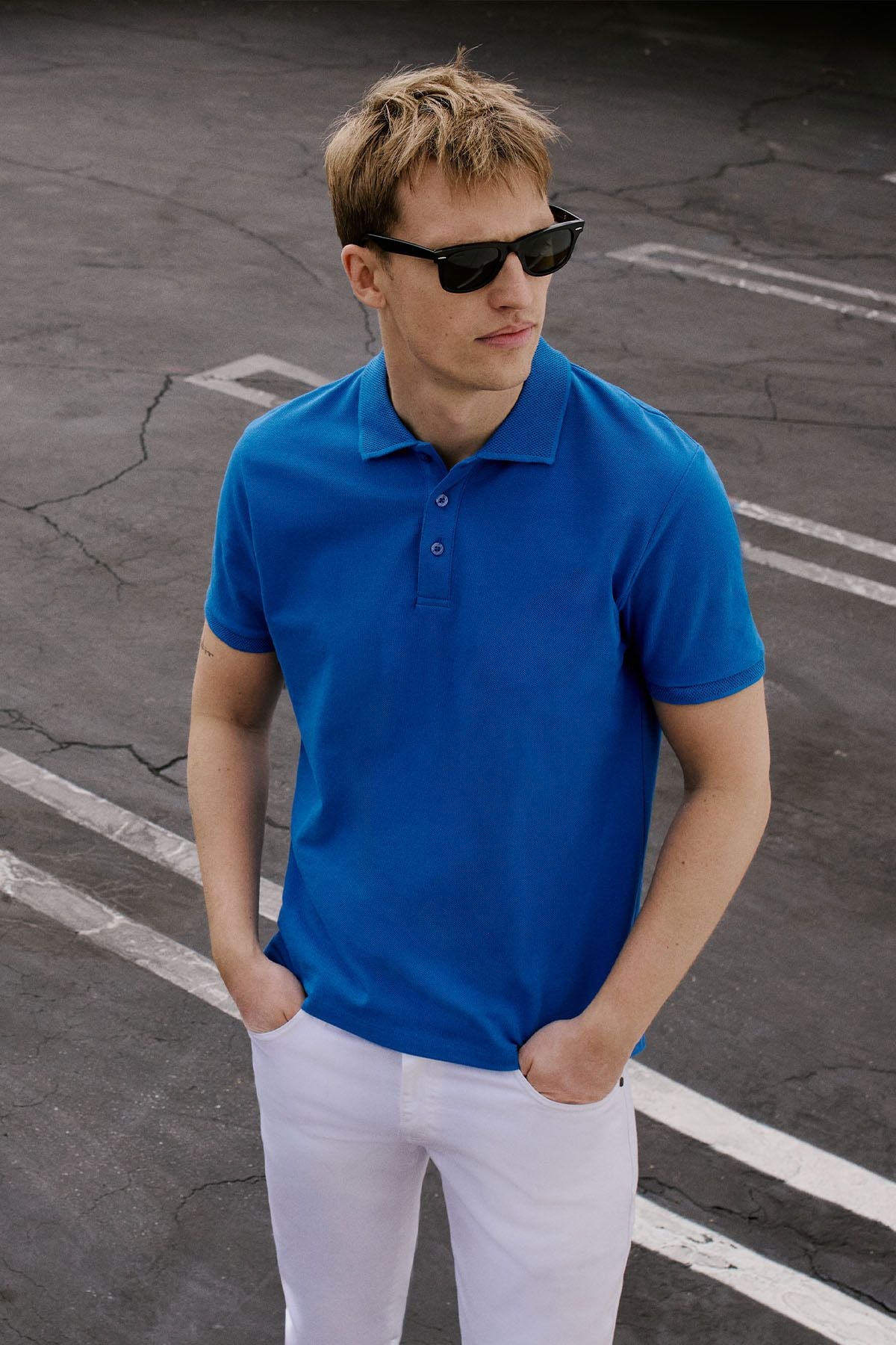 Male Royal Blue 100 %Cotton Curiated Pike Polo Slim Slim Fit Narrow Cut T -shirt