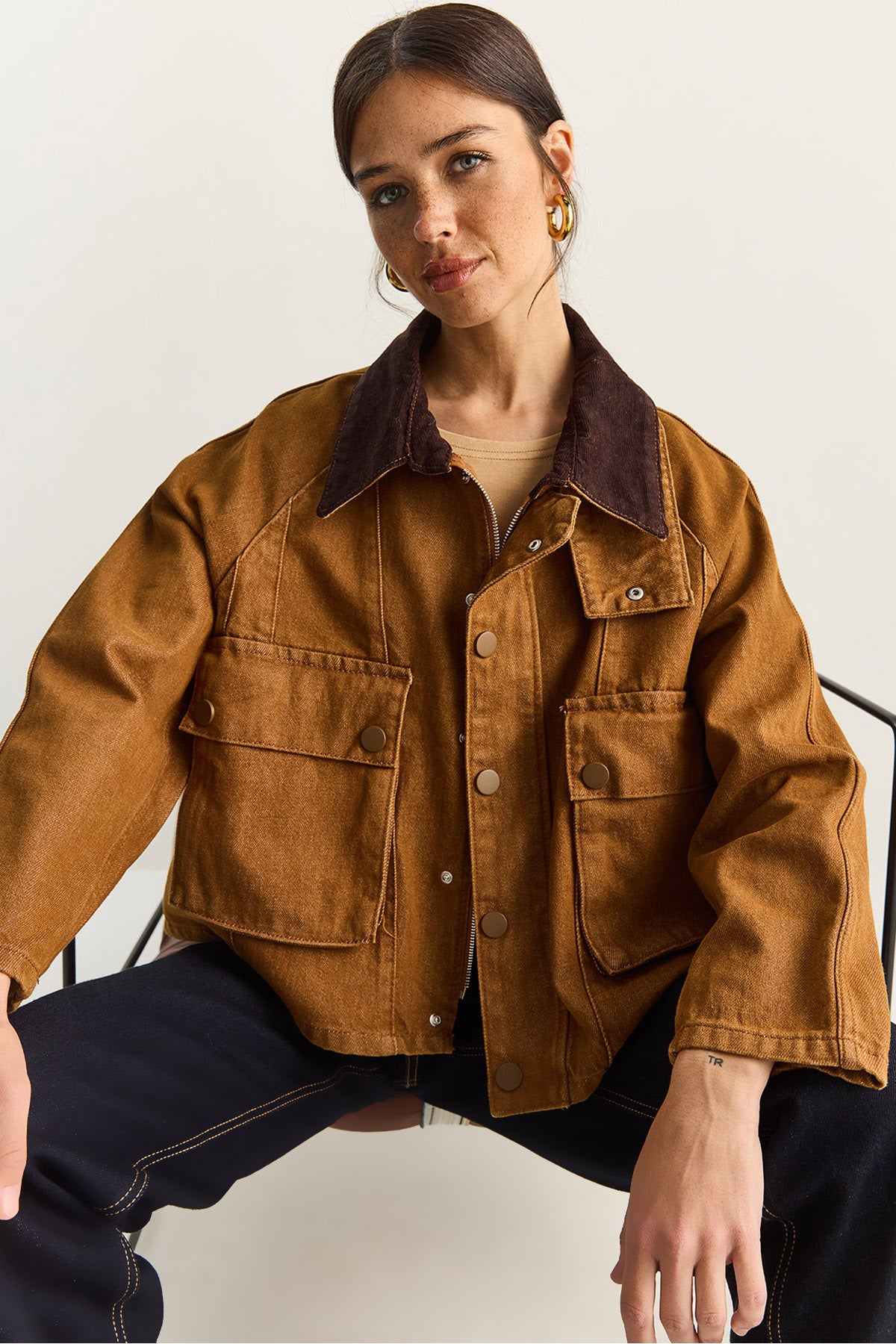 Women's Contrast Velvet Collar Detailed Large Pocket Gabardine Oversize Denim Jacket 6051 60283862