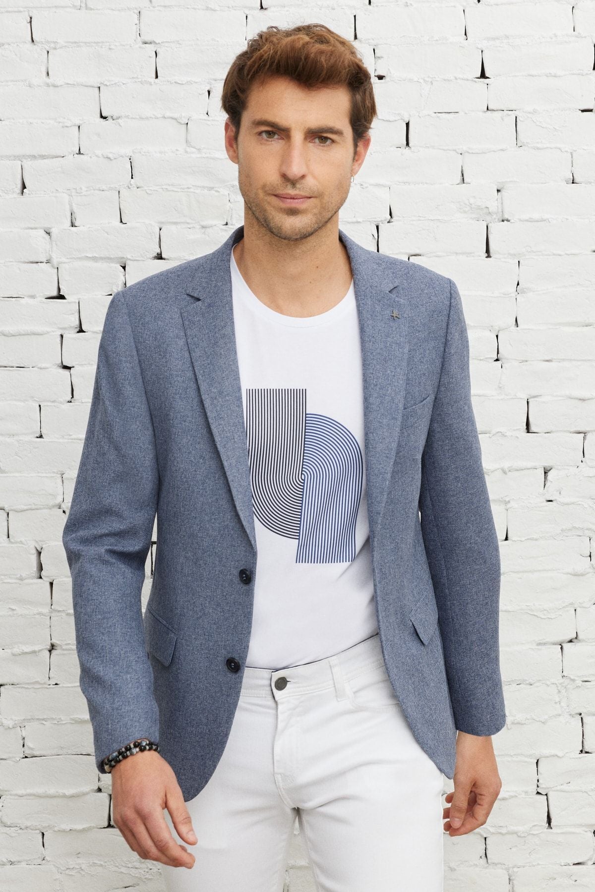Men's blue slim fit narrow cutting mono collar patterned blazer jacket