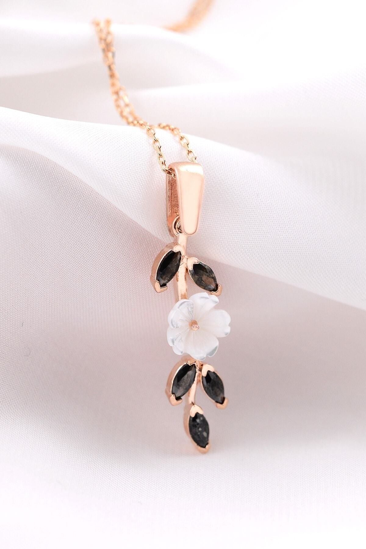 Manolya Black Stone Long Model 14 K Rose Gold Plated Women Necklace
