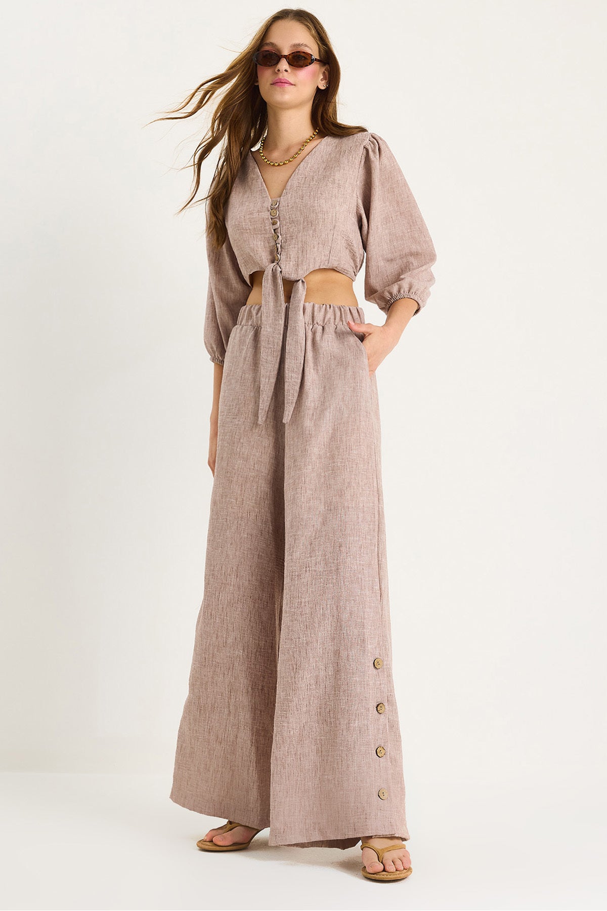 Women's Tie Detailed Blouse Lined Bottom-Top Suit with Button-Cuffed Trousers 9266 60281046