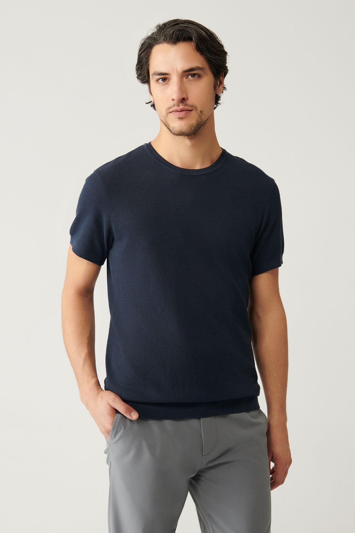 Men's open navy blue bike collar textured cotton knitwear T-shirt E005027