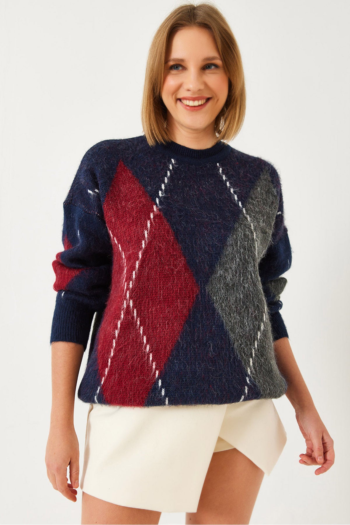 Women's Diamond Patterned Oversize Knitwear Sweater 60351284