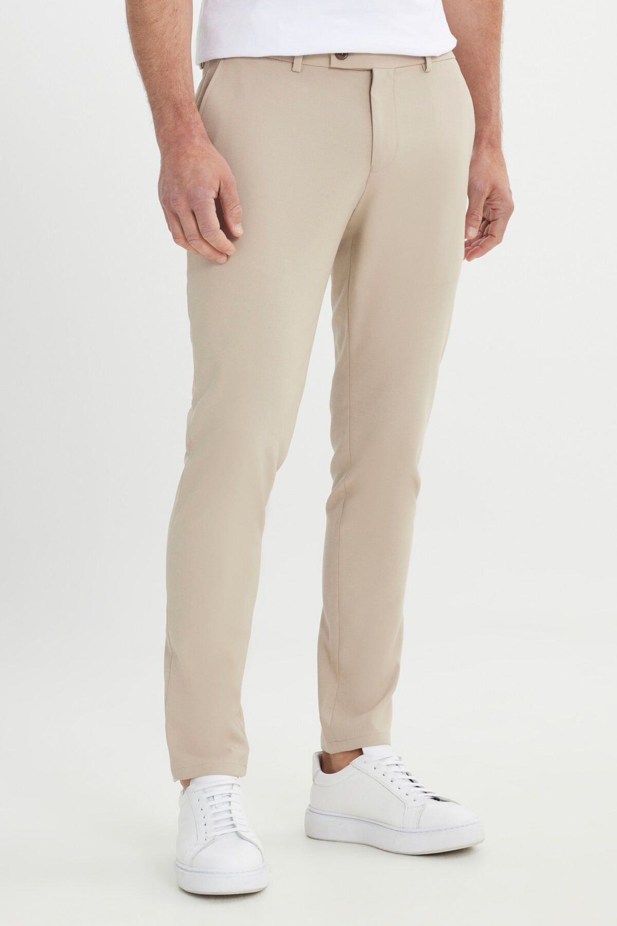 Men's Beige Slim Fit Italian Cutting Side Pocket Flexible Casual Pants
