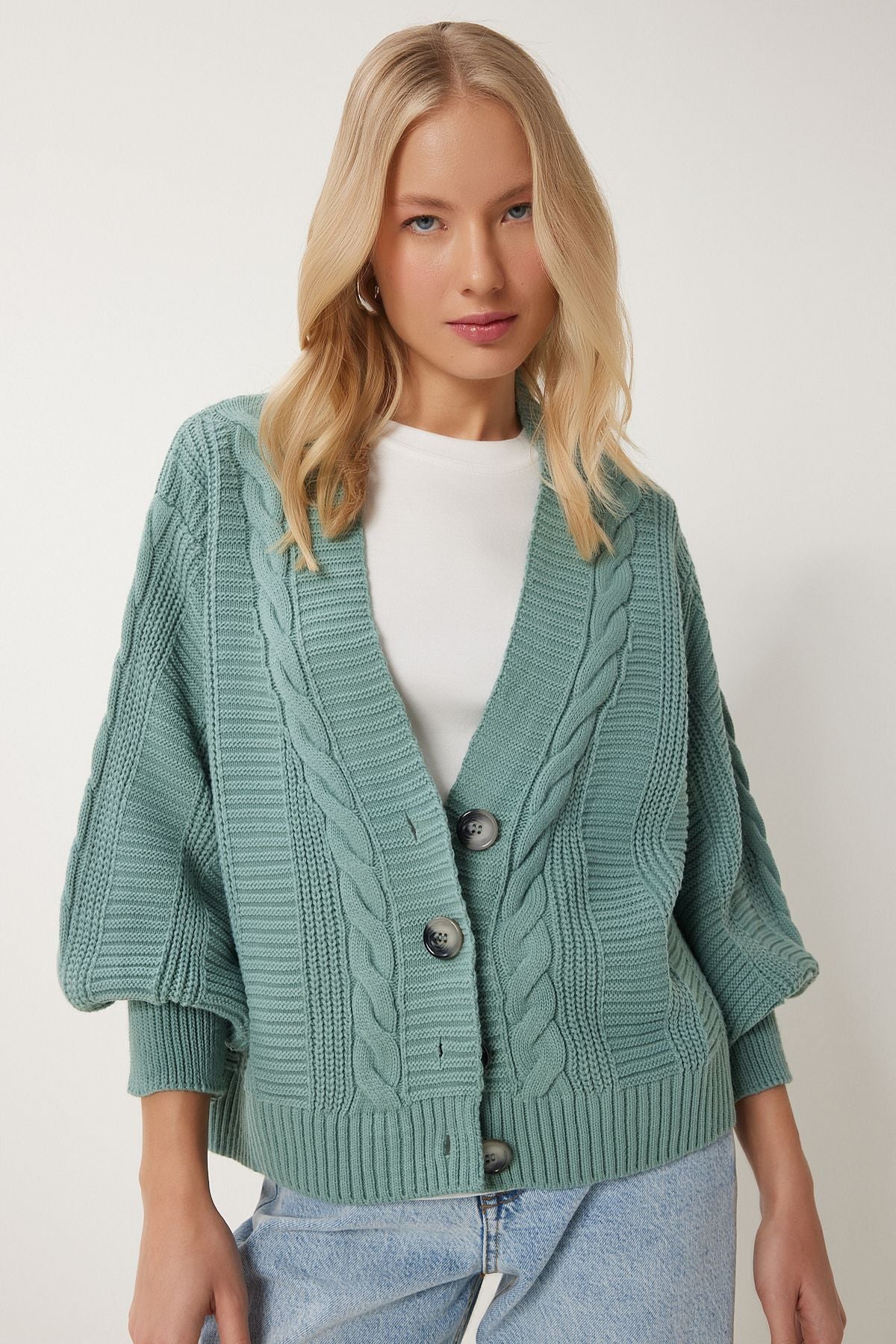 Women's Cagla Green Basked Balloon Sleeve shabby knitwear cardigan MX00176