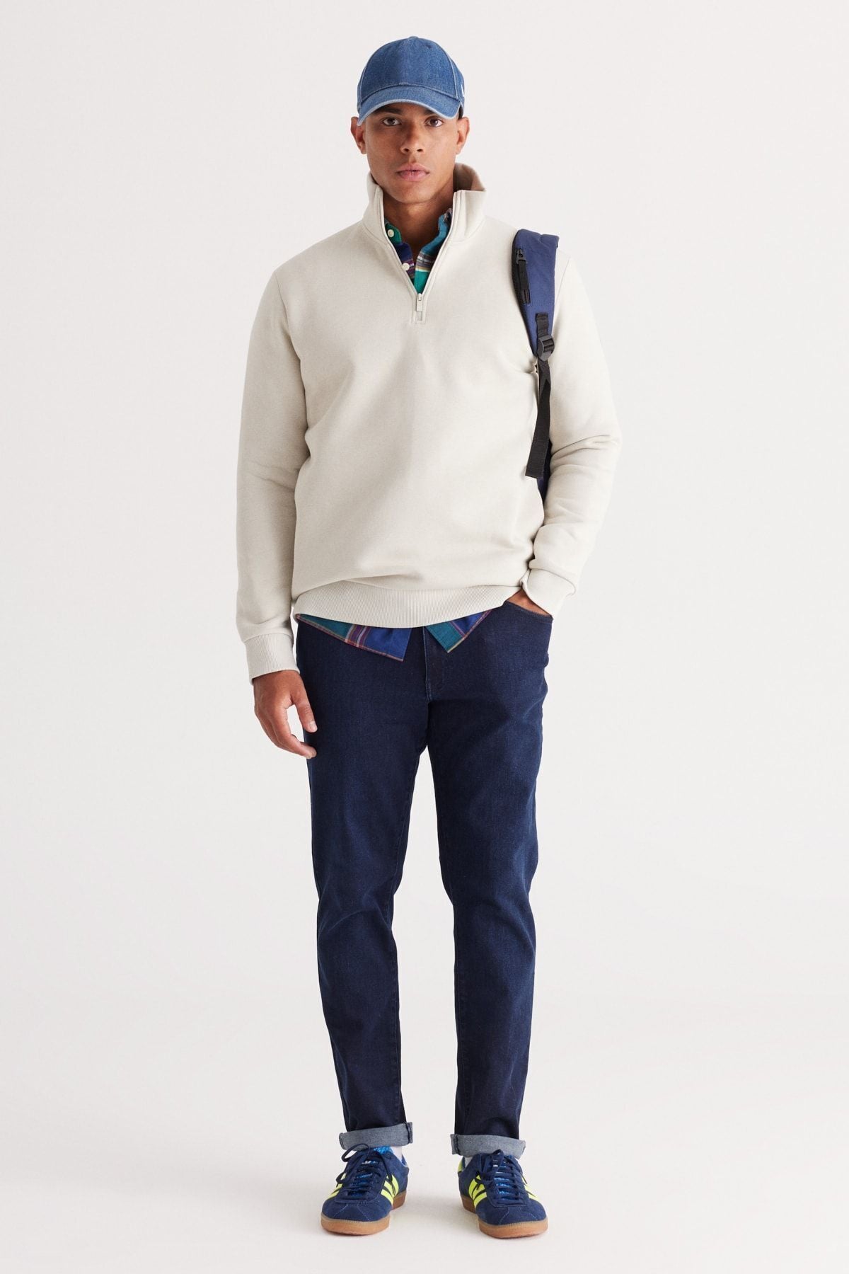 Men's beige flee standard fit Normal cut upright bato collar cotton sweatshirt
