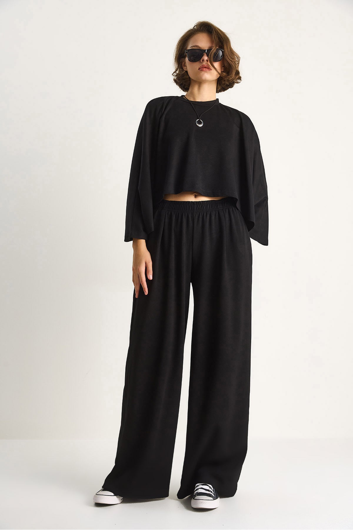 Women's Bat Sleeve Crop Elastic Waist Trousers Modal Bottom-Top Set 4025 60284068