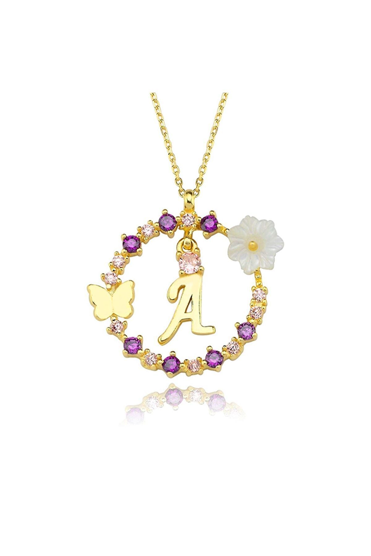 Magnolia Flower Dreams Glitter 14k Gold A Letter Women Necklace