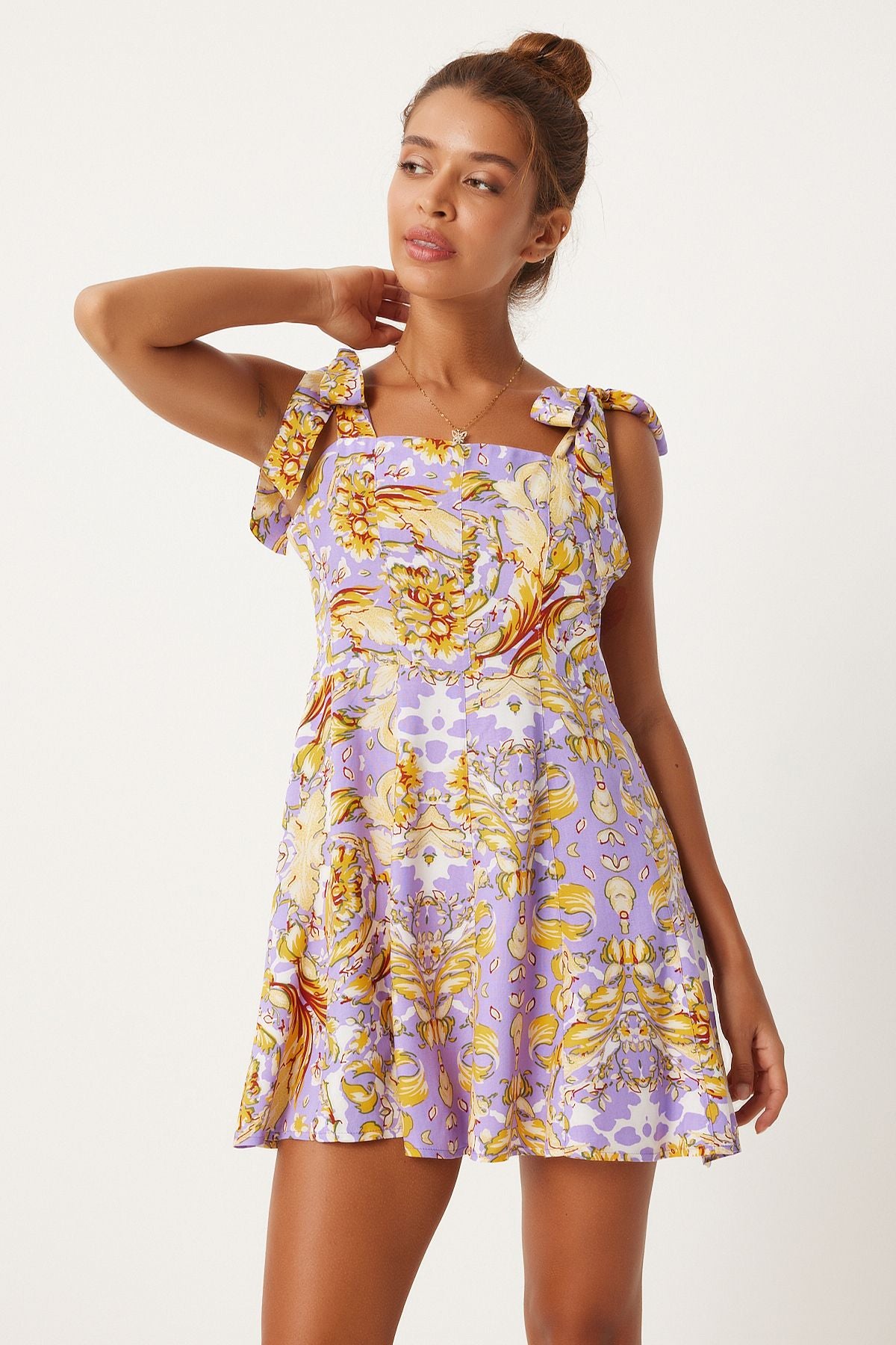 Female Lilac Yellow Thick Standed Patterned Summer Mini Viscose Dress FN03238