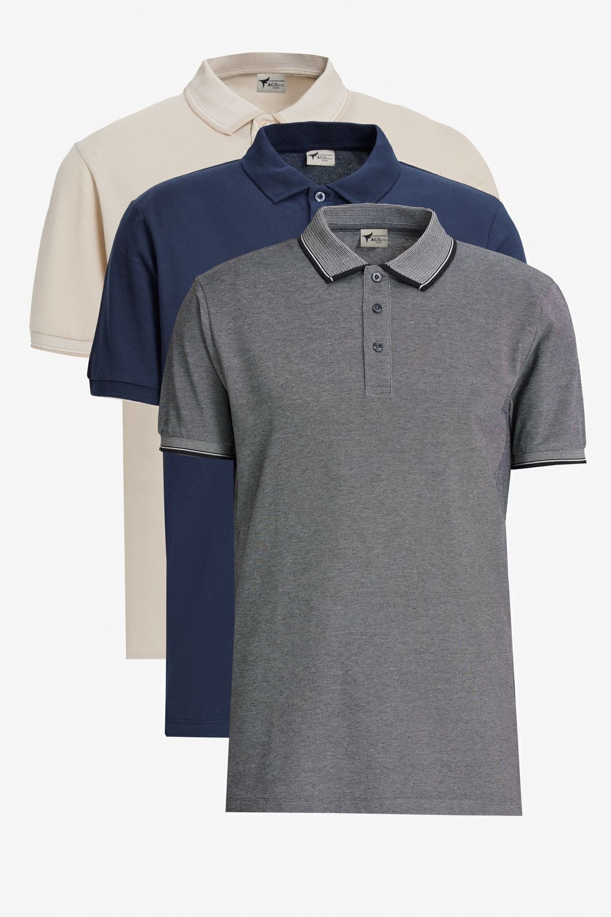 Men's navy blue-open beige white-open black 3-drawing cotton slim fit fit curved polo collar t-shirt