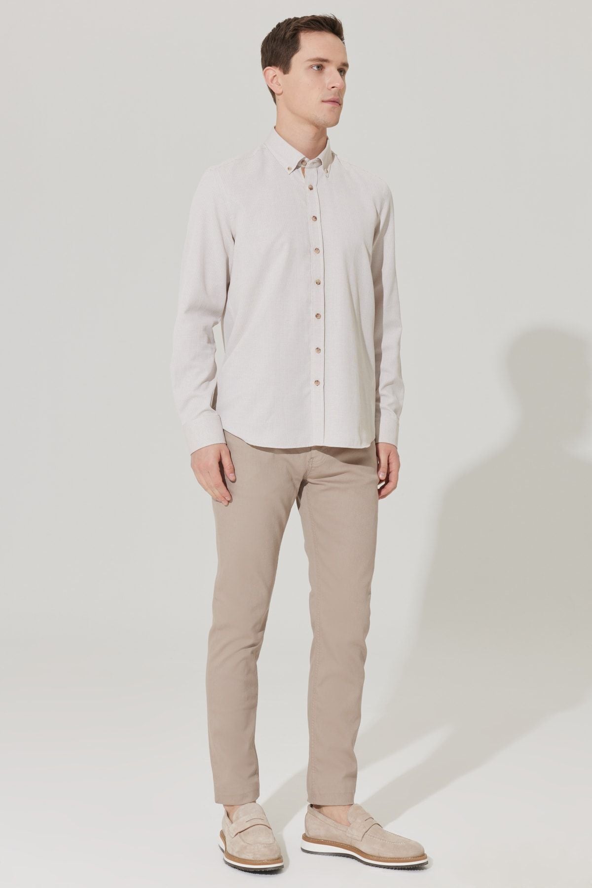 Men's Beige Slim Fit Narrow Cutting Buttoned Cotton Cotton Amelor Shirt