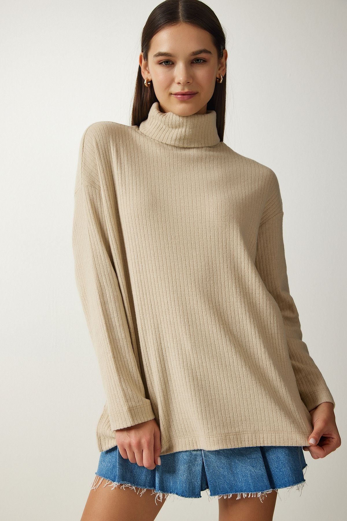 Female Beige Fisherman Neck Vumor Oversiz knit blouse UB00213
