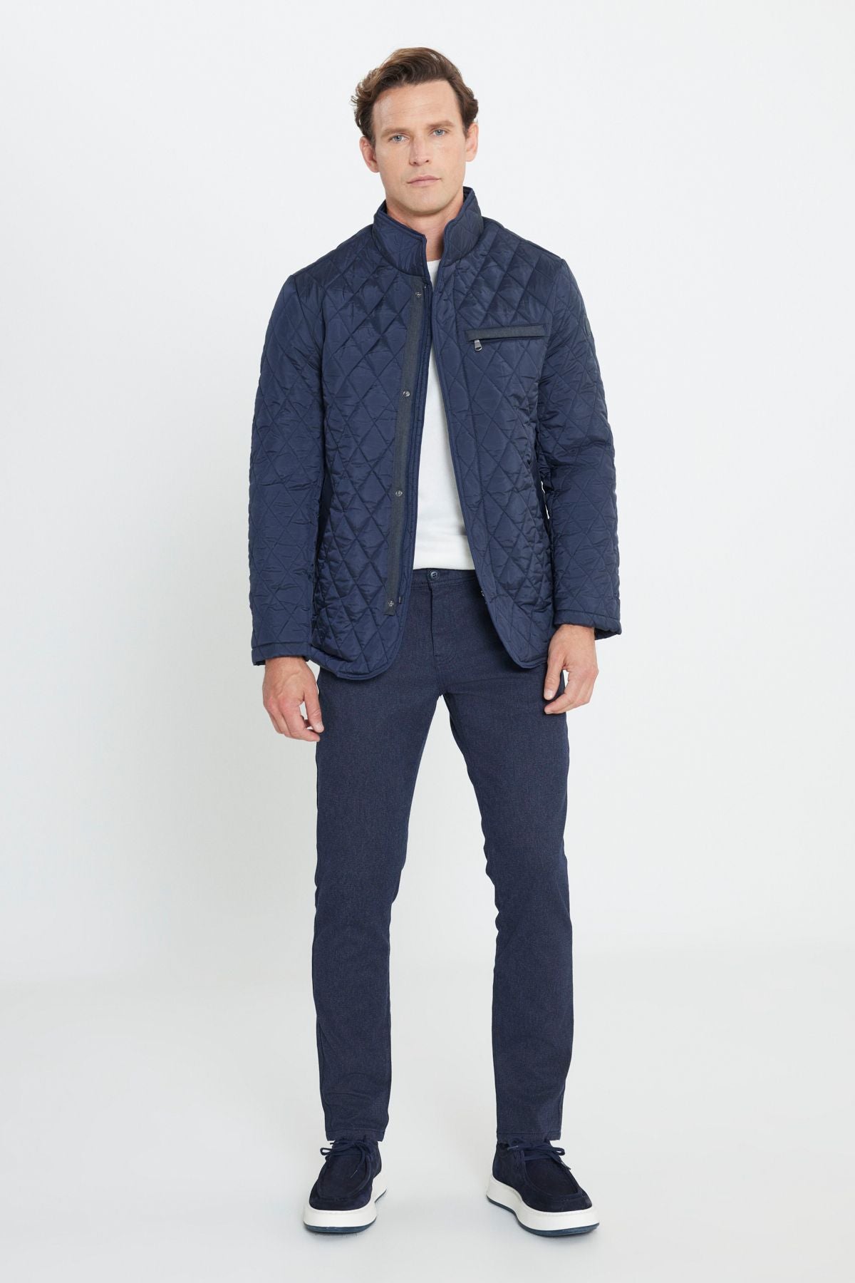 Men's navy blue standard fit normal cut upright collar pattern overcoat
