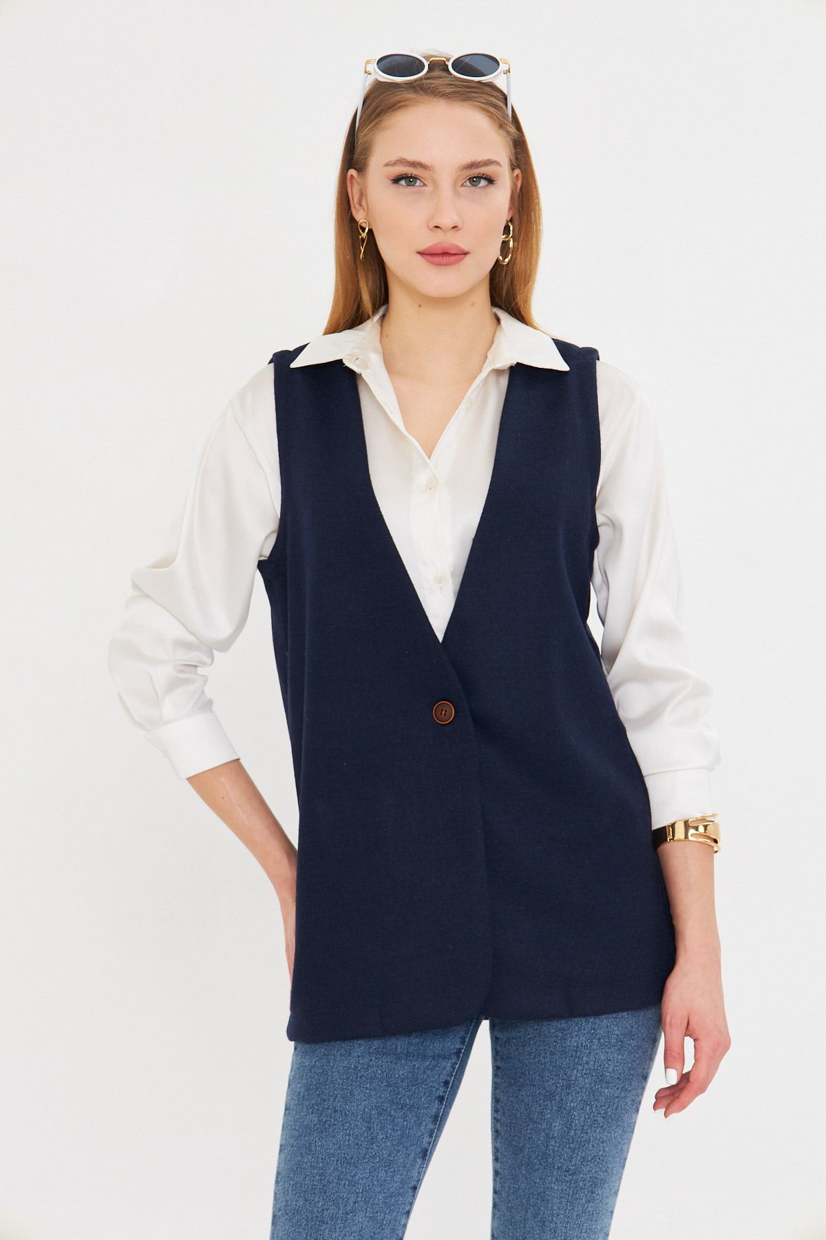 Woman Navy Blue V-Neck Single Button Oversize Patterned Vest ARM-25K001110