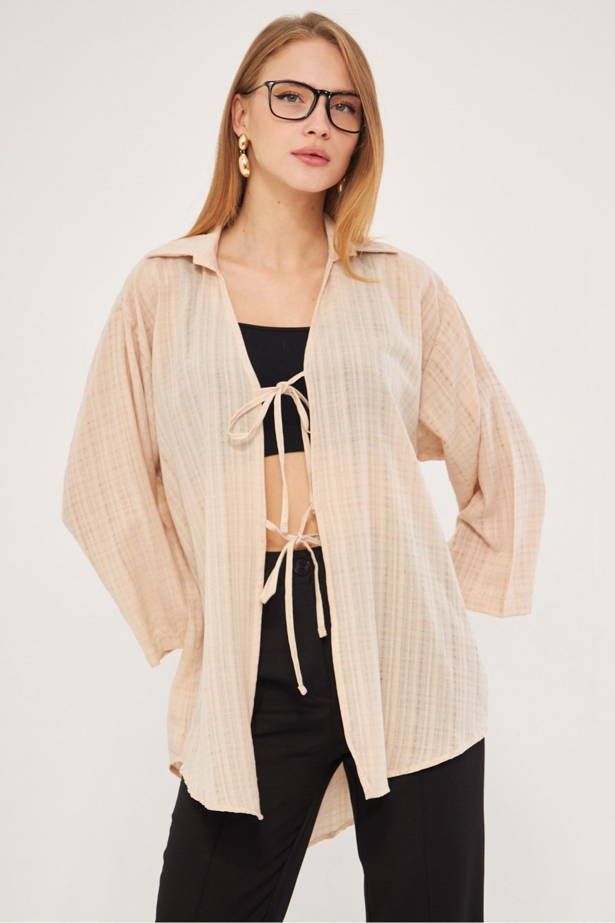 Female Beige shirt collar with front laces Kimono shirt ARM-25K001006