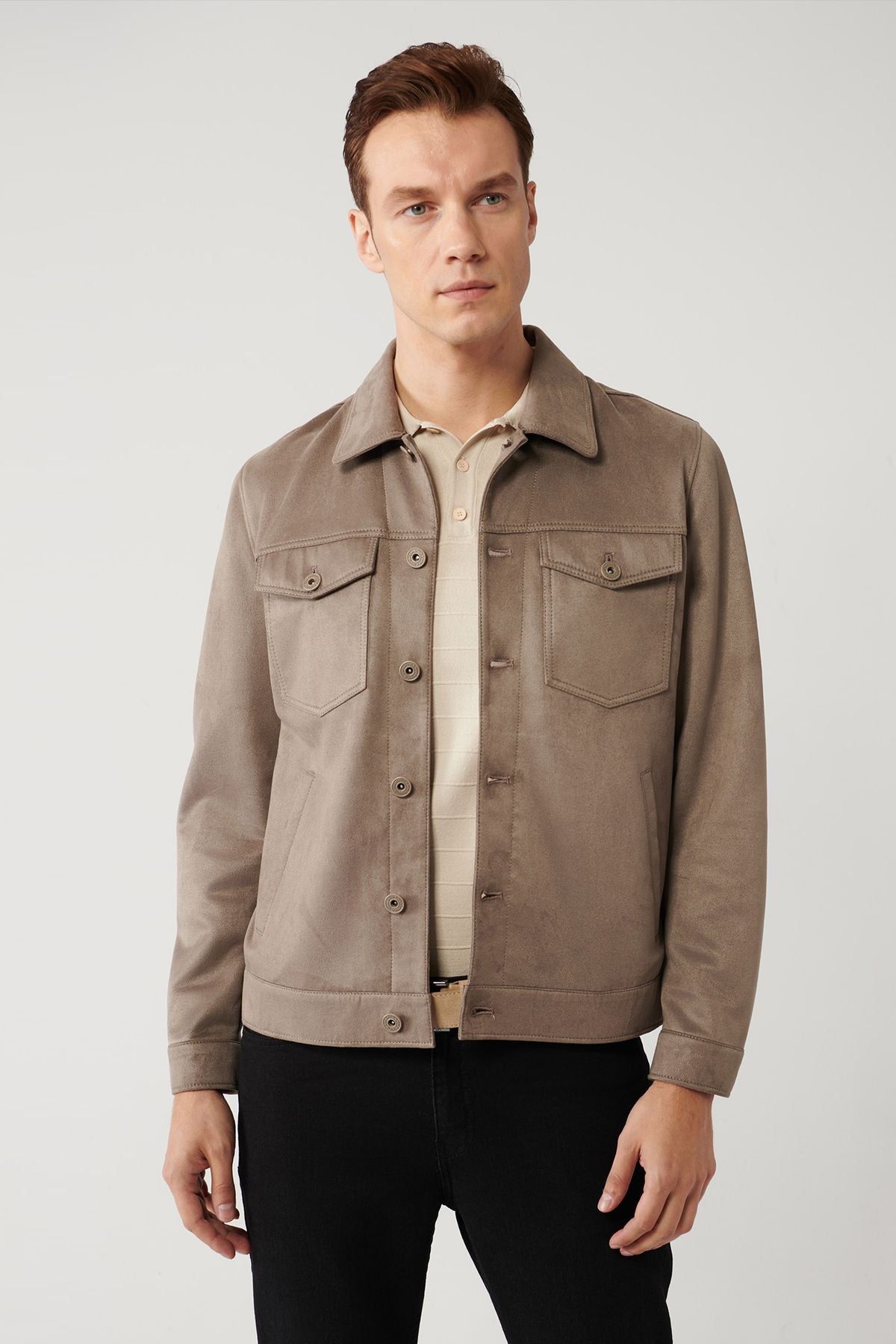 Men's anthracite Classic collar suede -looking pocket jacket A41y6011