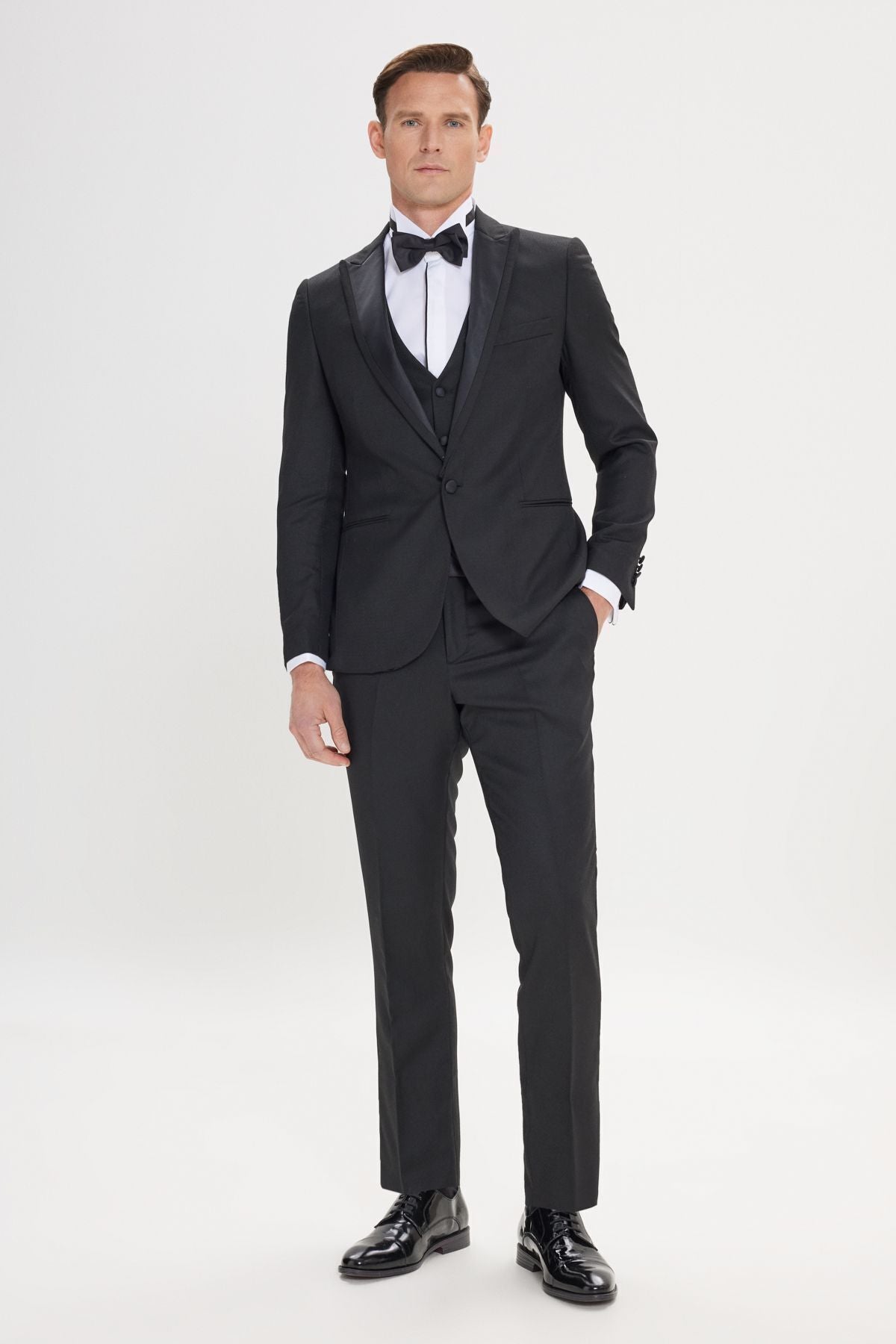 Men's Black Slim Fit Narrow Cut Swallow Collar Patterned Vest Tuxedo Set