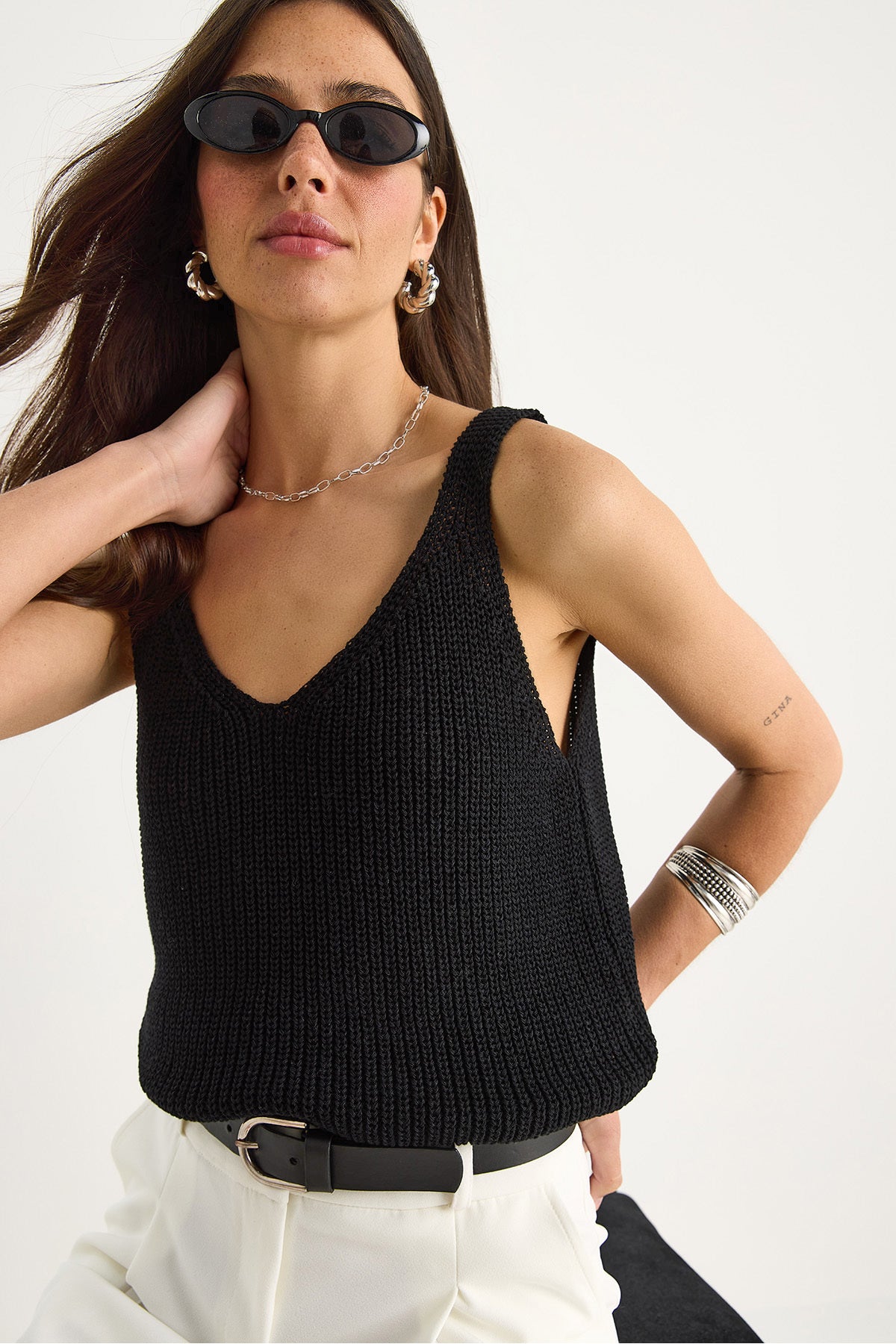 Women's V-Neck Waist Detailed Basic Knitwear Blouse 20258007