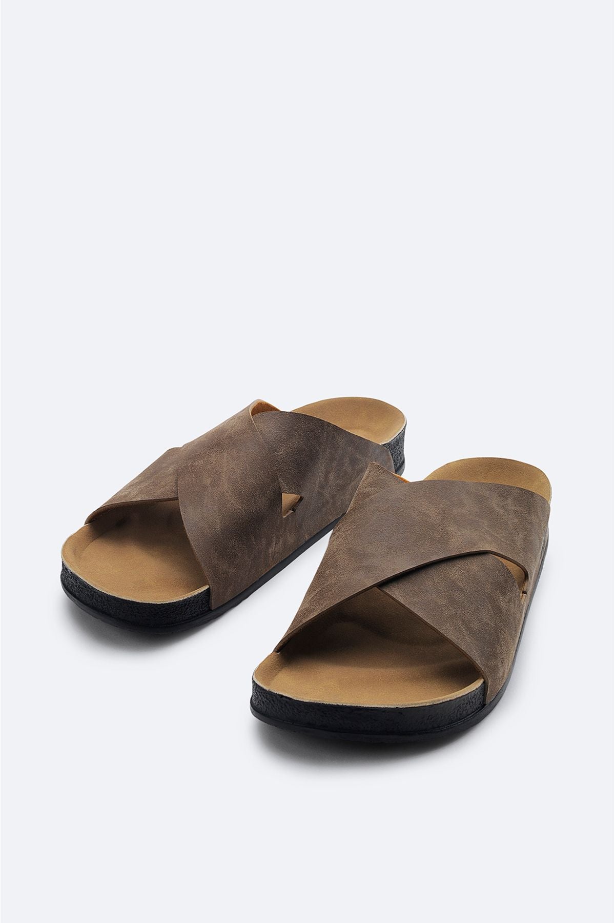 Men's mink cross -band leather -looking flexible floor slippers A41y8300