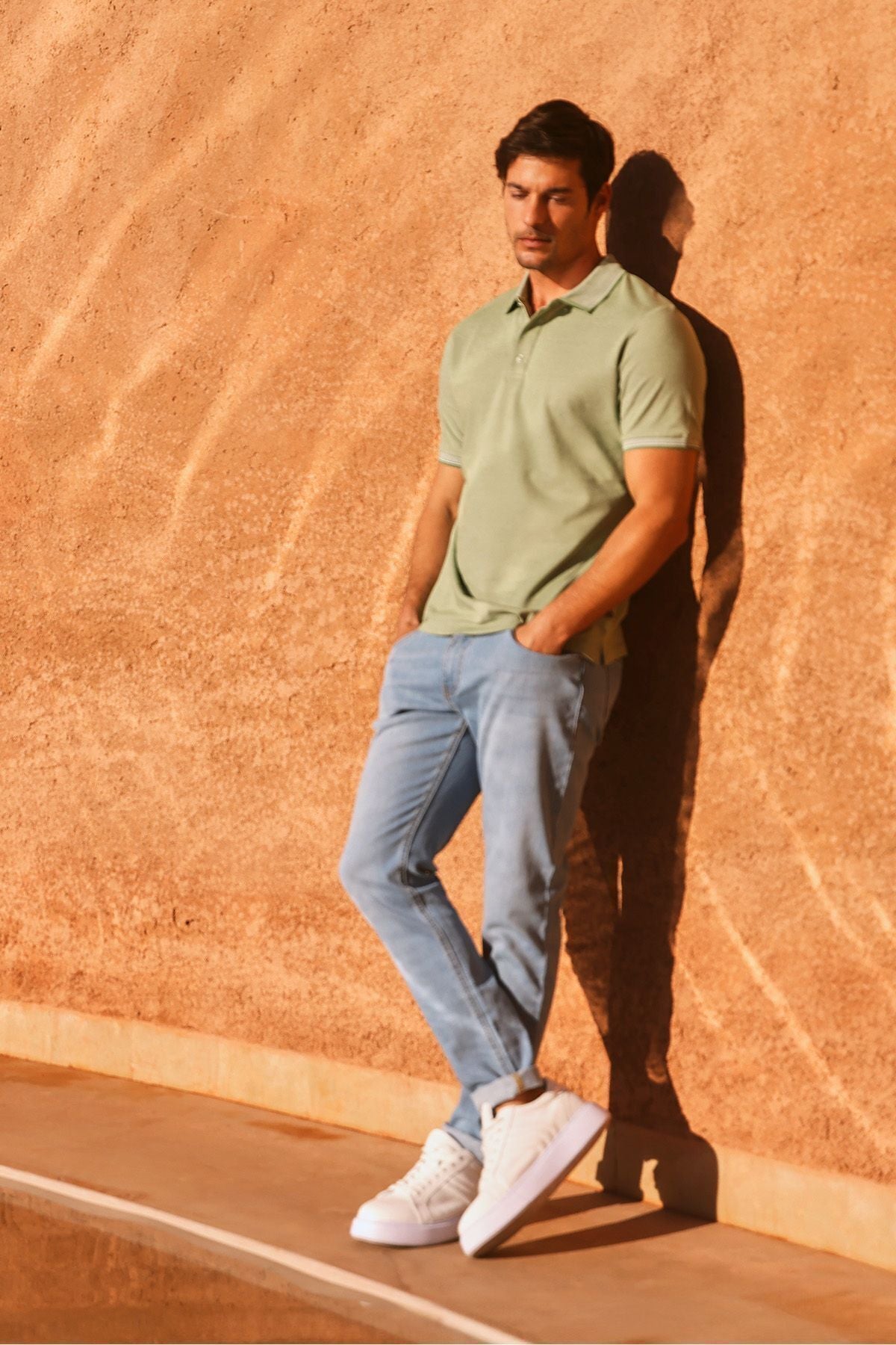 Men -Plugging Cotton Fabric Slim Fit Narrow Cut Green Curlled Polo Yaka T -shirt