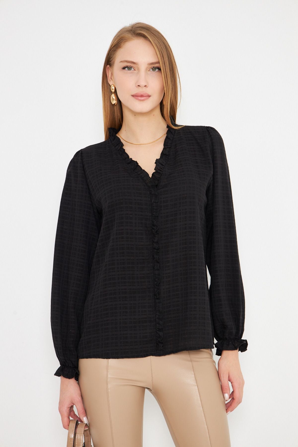 Female Black Side and Ruffle Detailed Arms with Tire Long Sleeve Blouse ARM-25K001030
