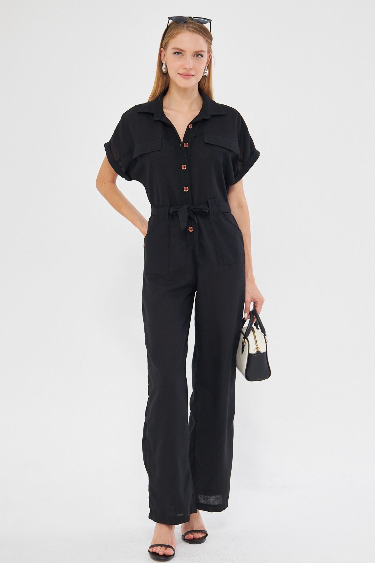 Female Black Front Buttoned Waist Belly Pocket Bat Arm Palazzo Tulum ARM-24Y001105