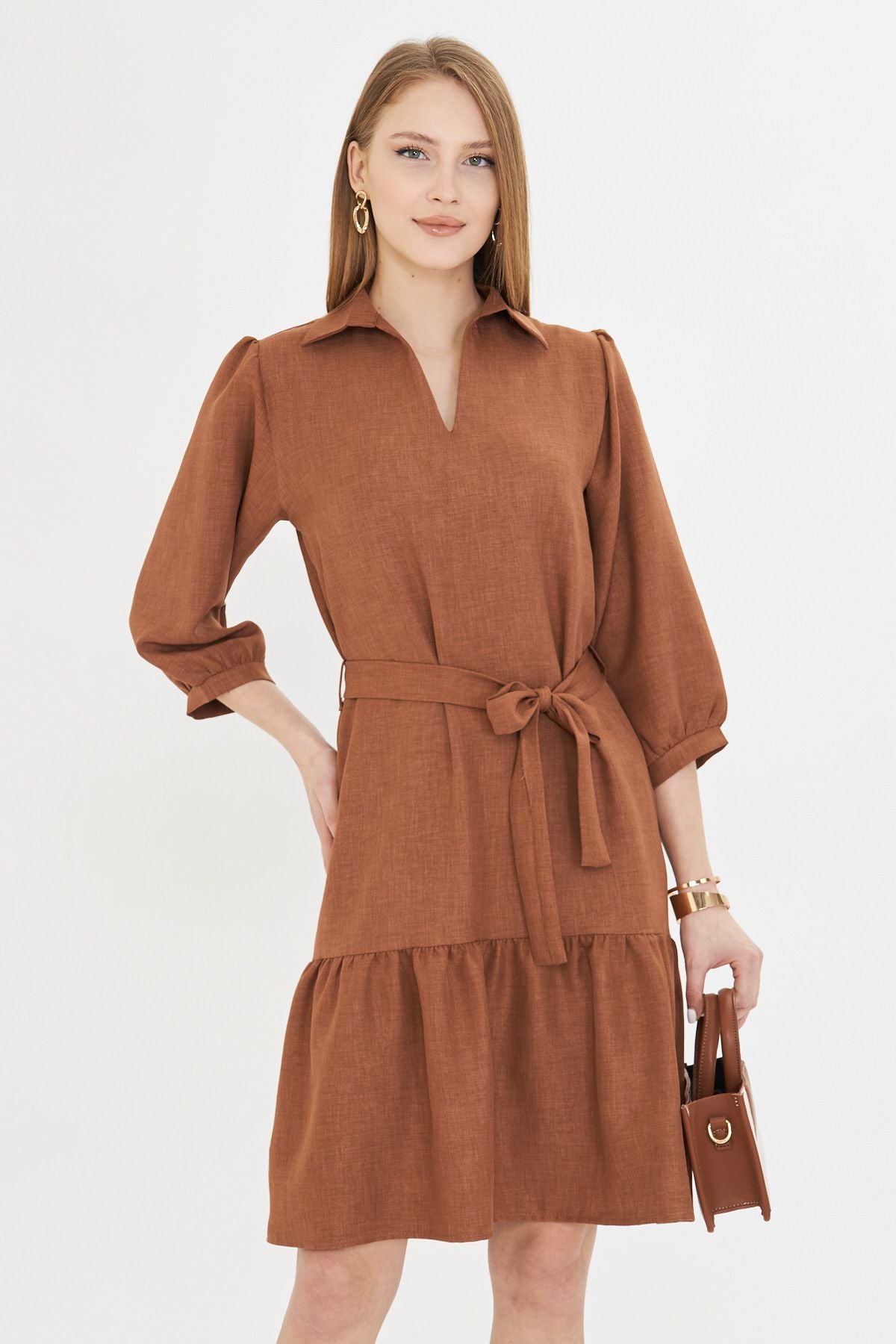 Female Taba Shirt Neck Quarter Arm Waist Belled Skirt Shirred Dress ARM-25Y001010