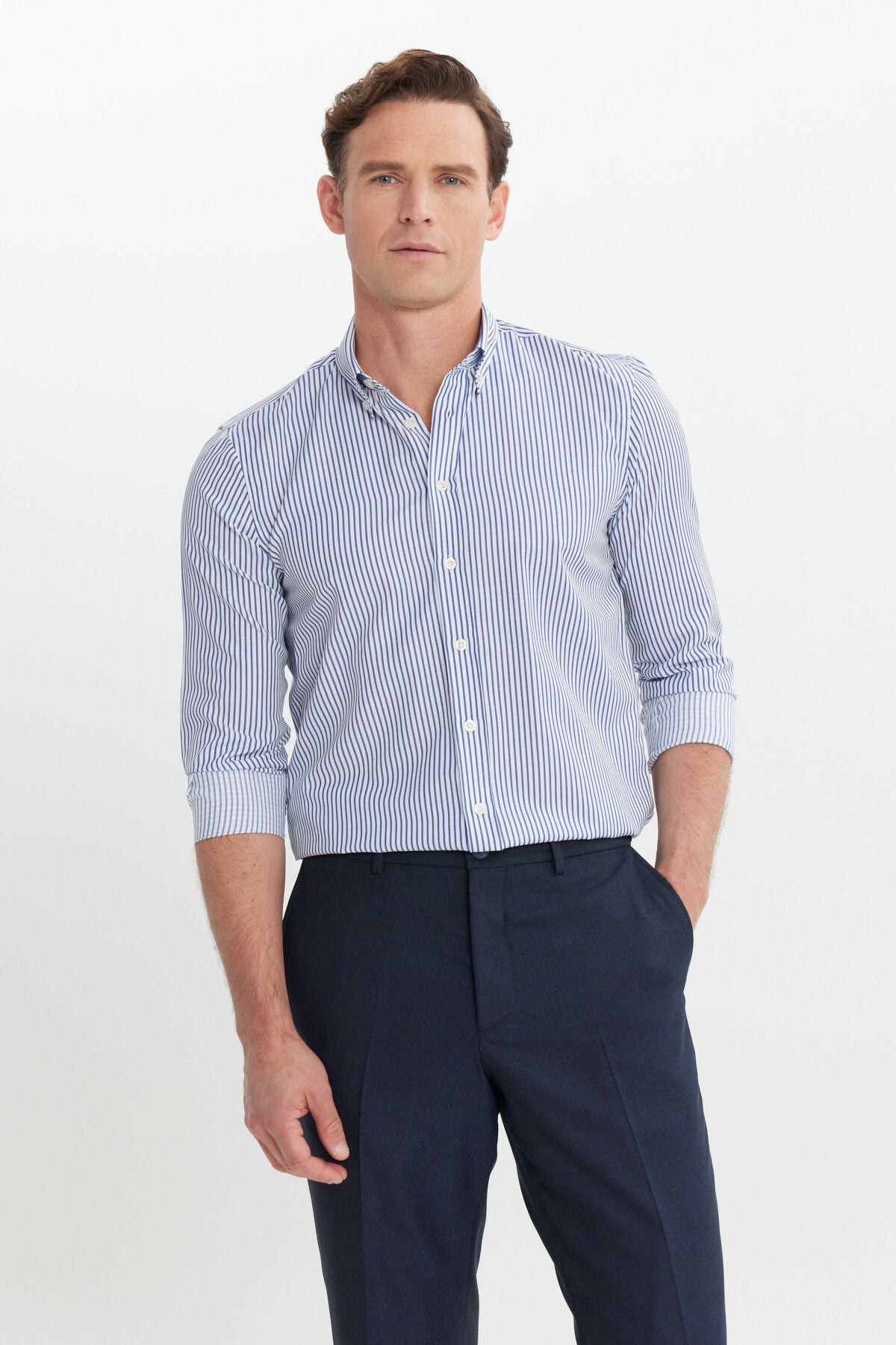 Men's white-blue cotton slim fit narrow cut button shirt shirt with shirt striped shirt