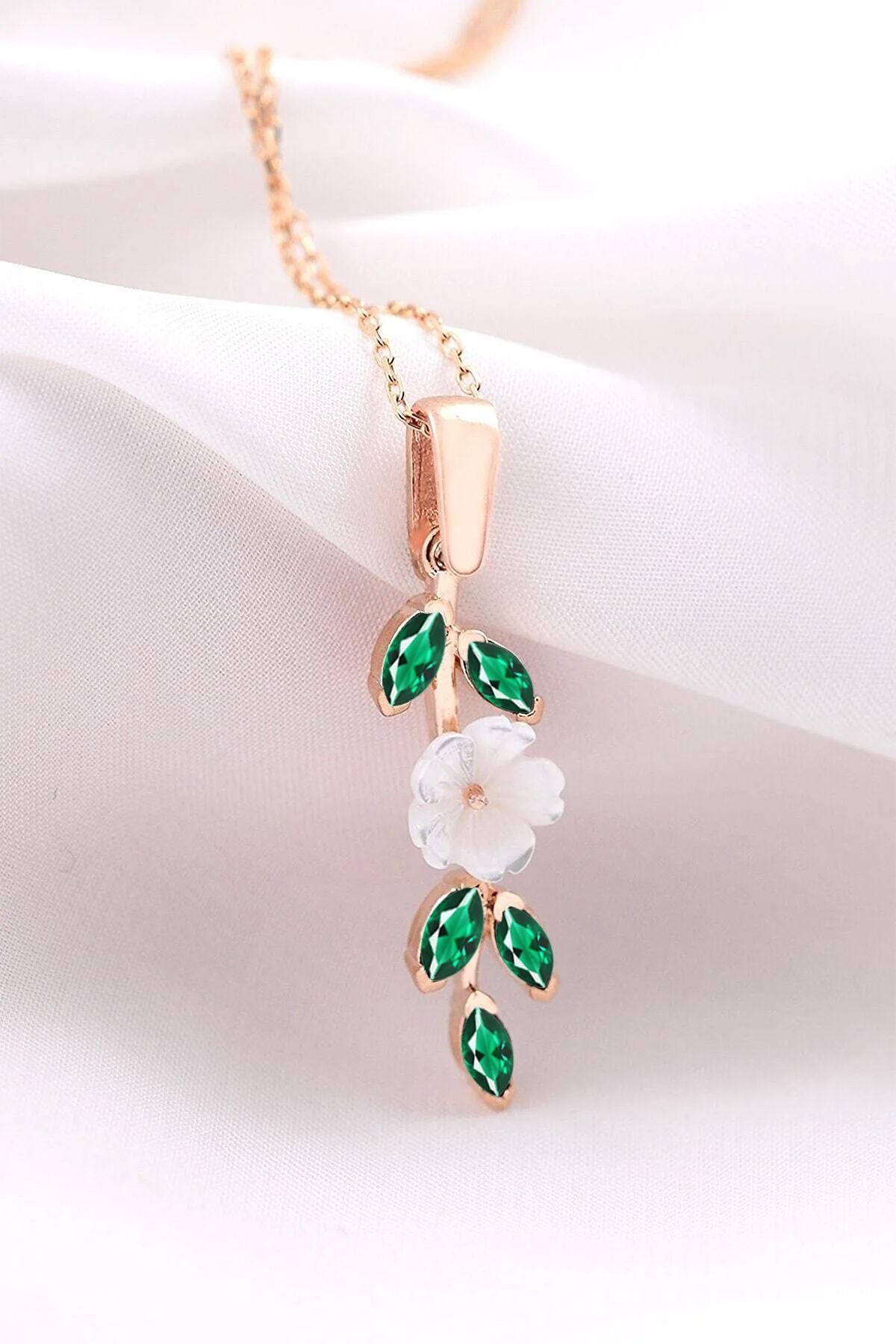 Manolya Green Stone Long Model 14 K Rose Gold Plated Women Necklace