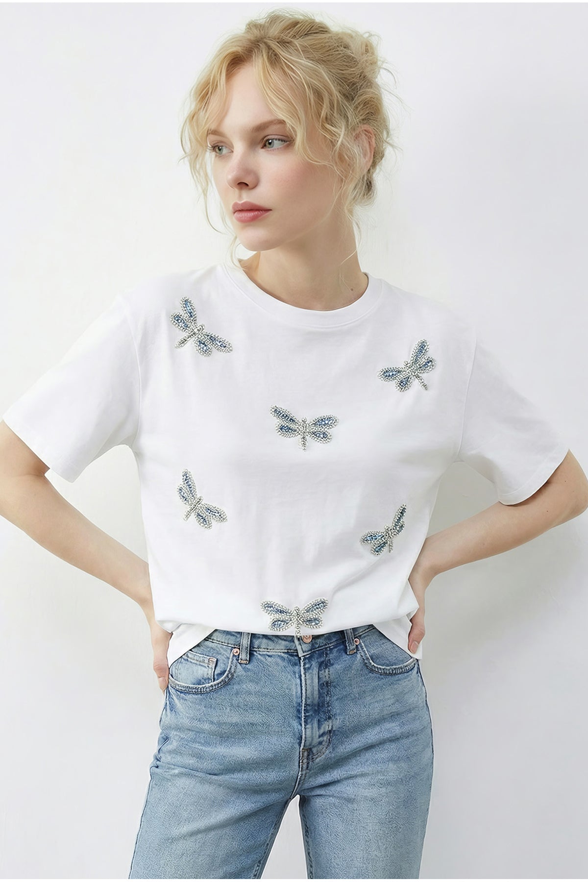 Women's Beaded Stone Embroidered Dragonfly Patterned Comfortable T-Shirt 2212 60283971