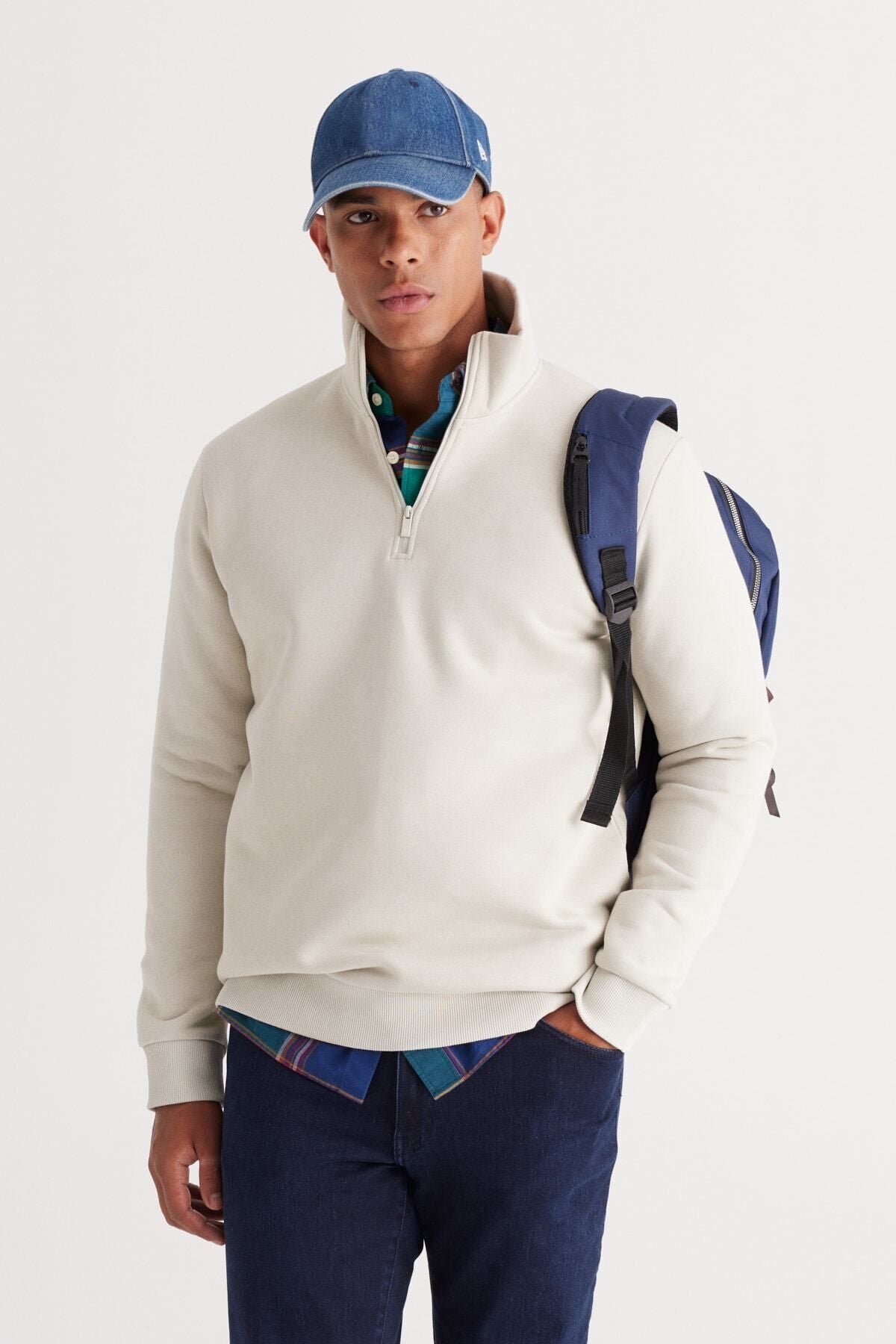 Men's beige flee standard fit Normal cut upright bato collar cotton sweatshirt