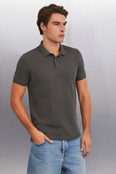 MARTEN Men's 100% Cotton Short Sleeve Regular Fit Anthracite Polo Collar T-shirt