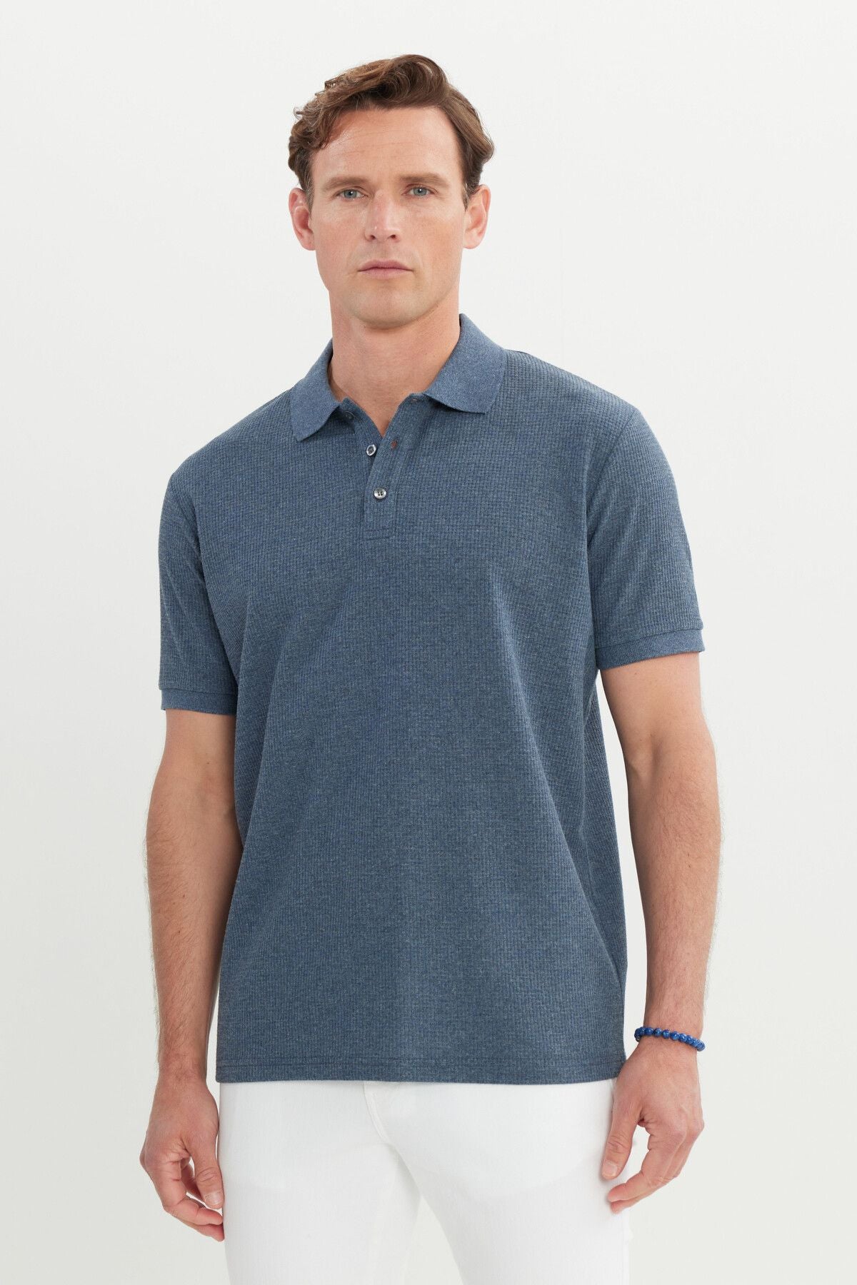 Men's Indigo Cotton Standard Fit Normal Cut Patterned Polo Yaka T -shirt
