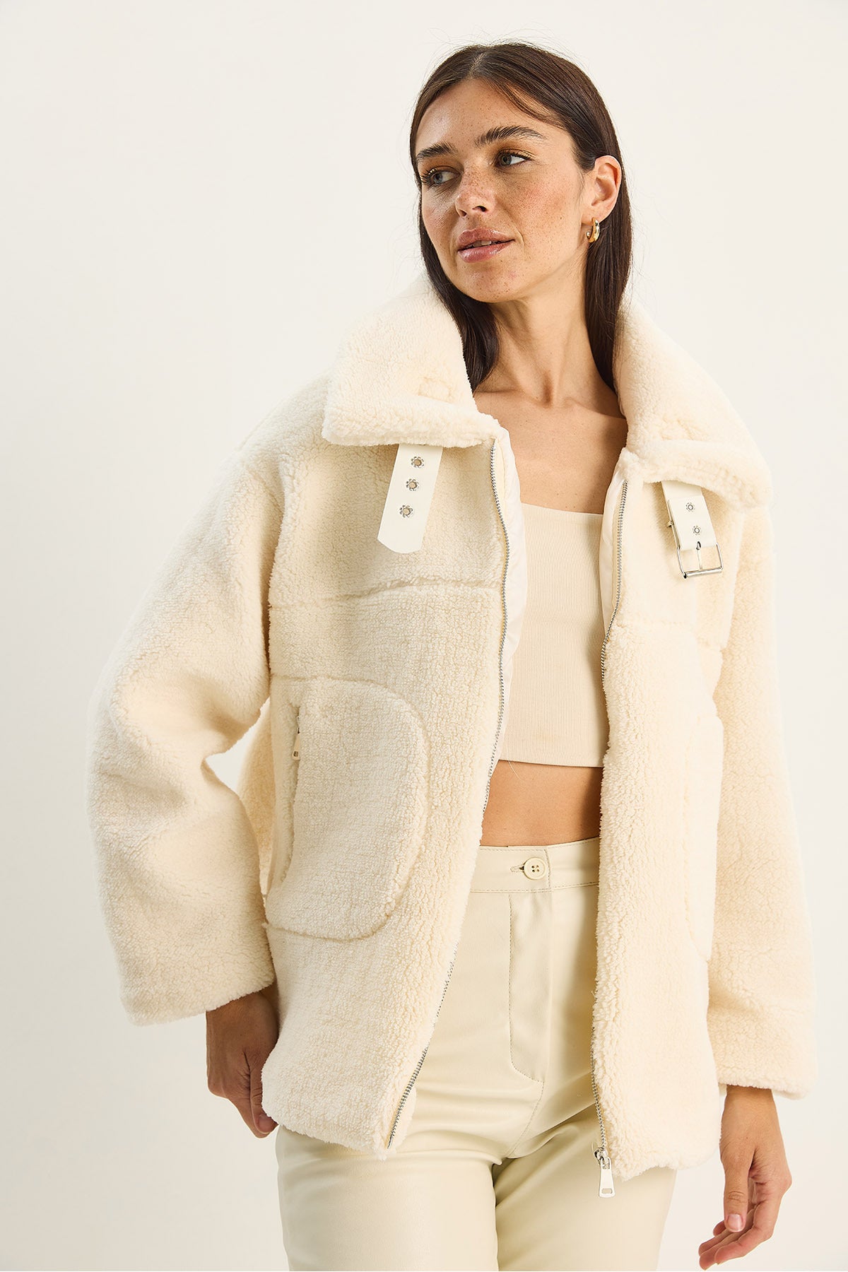 Women's Collar Belt Detailed Lined Plush Coat with Pockets 2635 60281122