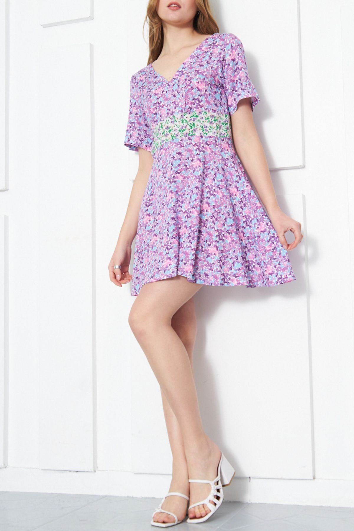Woman Purple Front Rear V-Neck Stock Zipper Short Sleeve Dress ARM-23Y001009