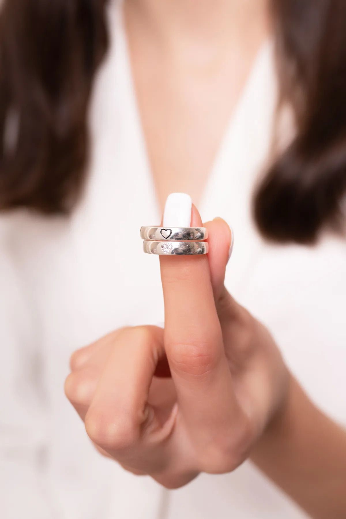 Silver plated with stone heart motif adjustable double wedding rings ring