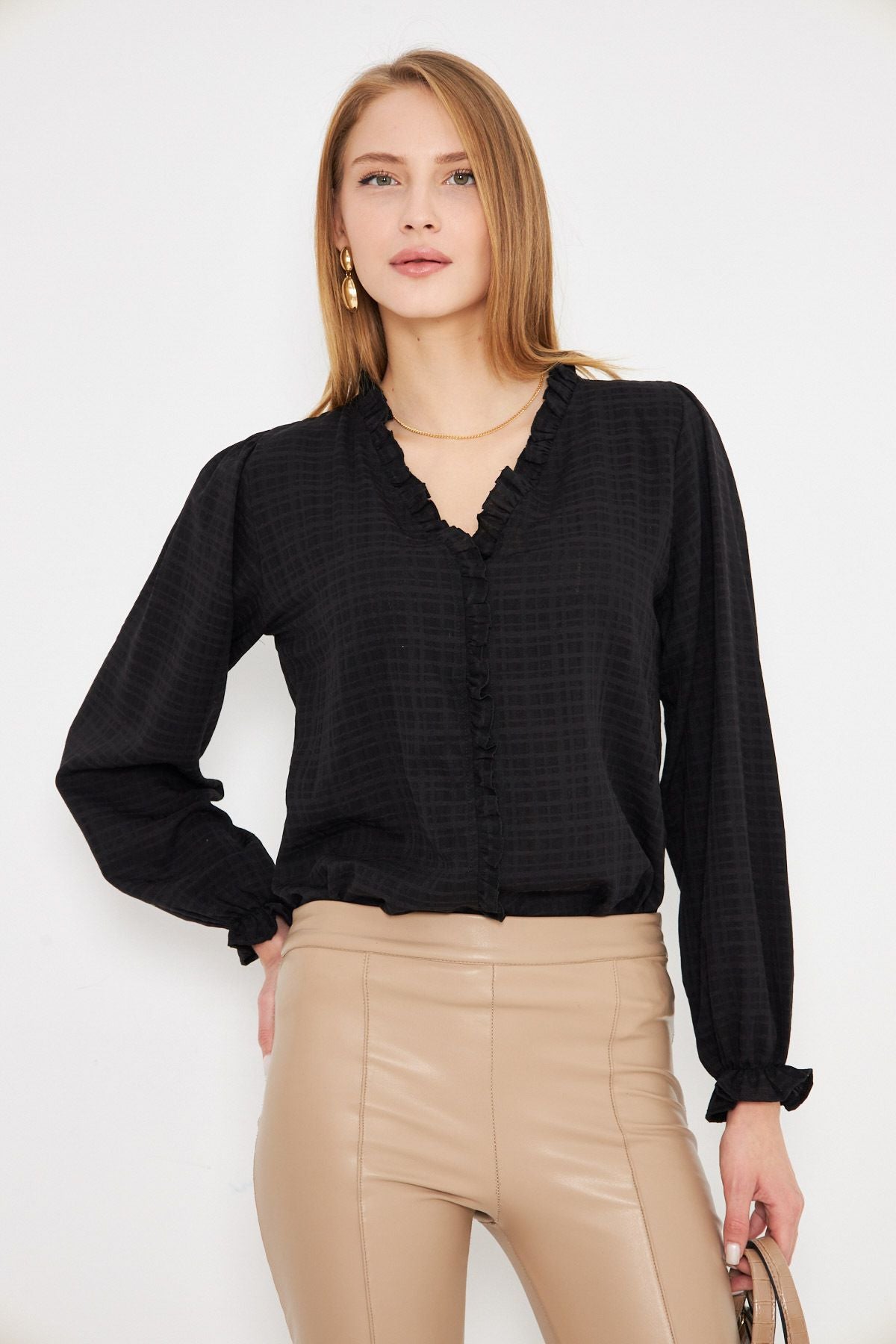 Female Black Side and Ruffle Detailed Arms with Tire Long Sleeve Blouse ARM-25K001030