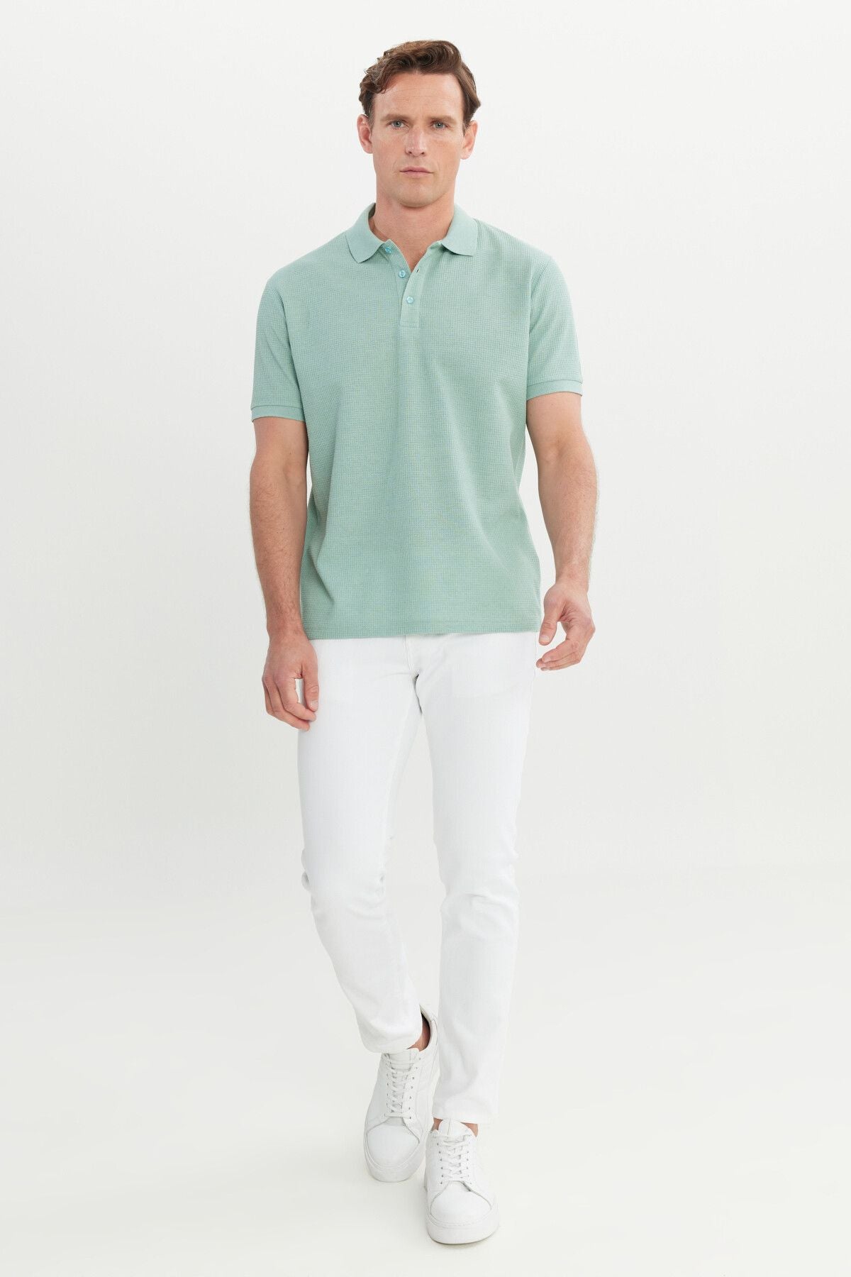 Men's Water Green Cotton Standard Fit Normal Cut Patterned Polo Yaka T -shirt