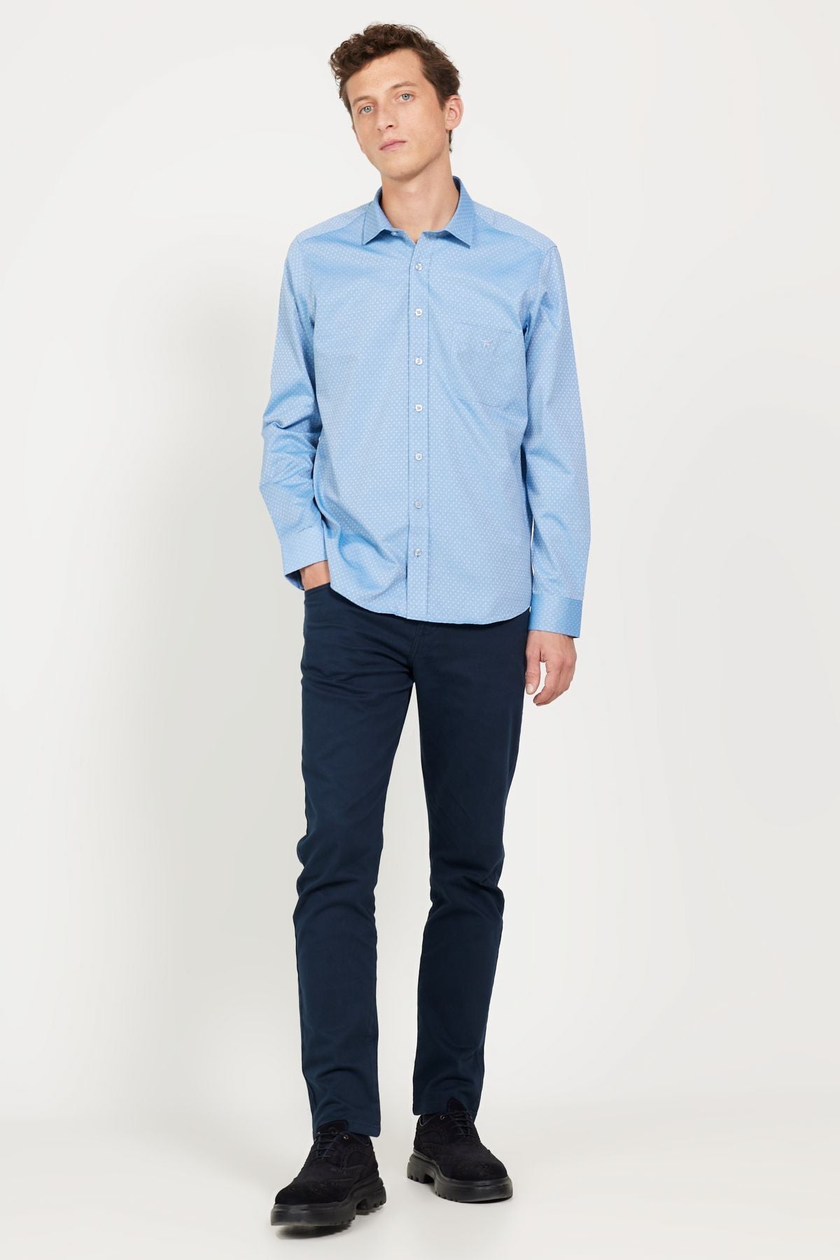 Men's blue slim fit narrow cut classic collar cotton Cotton Amelor Shirt